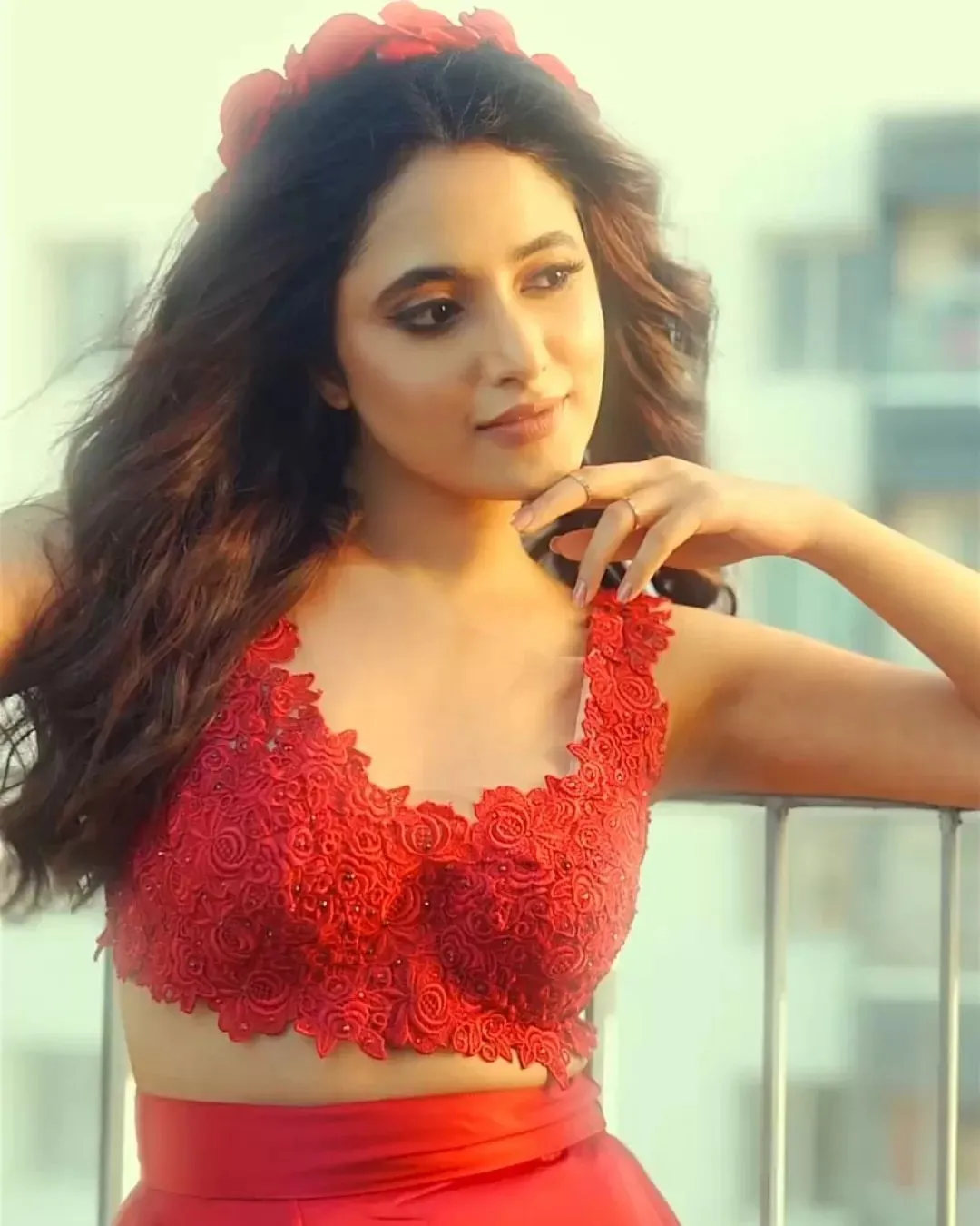 Priyanka in bold red dress with flowing hairstyle Wallpaper