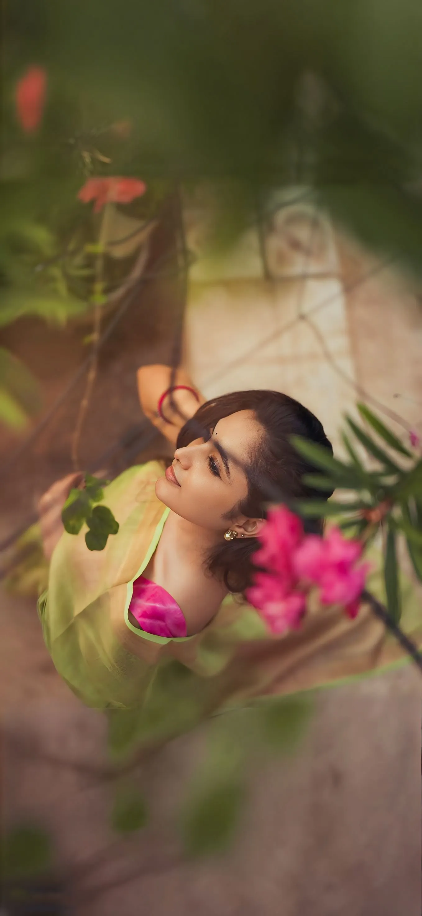 Priyanka Mohan Behind Pink Flowers with Soft Focus Portrait