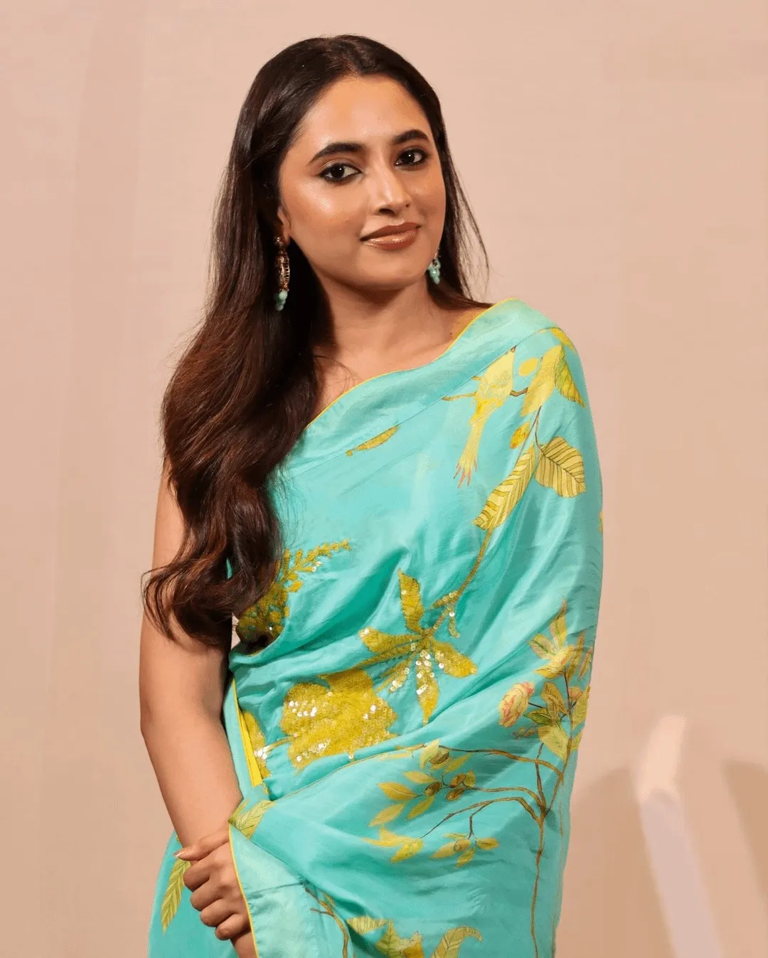 Priyanka Mohan in a Blue Saree with a Calm Pose Wallpaper