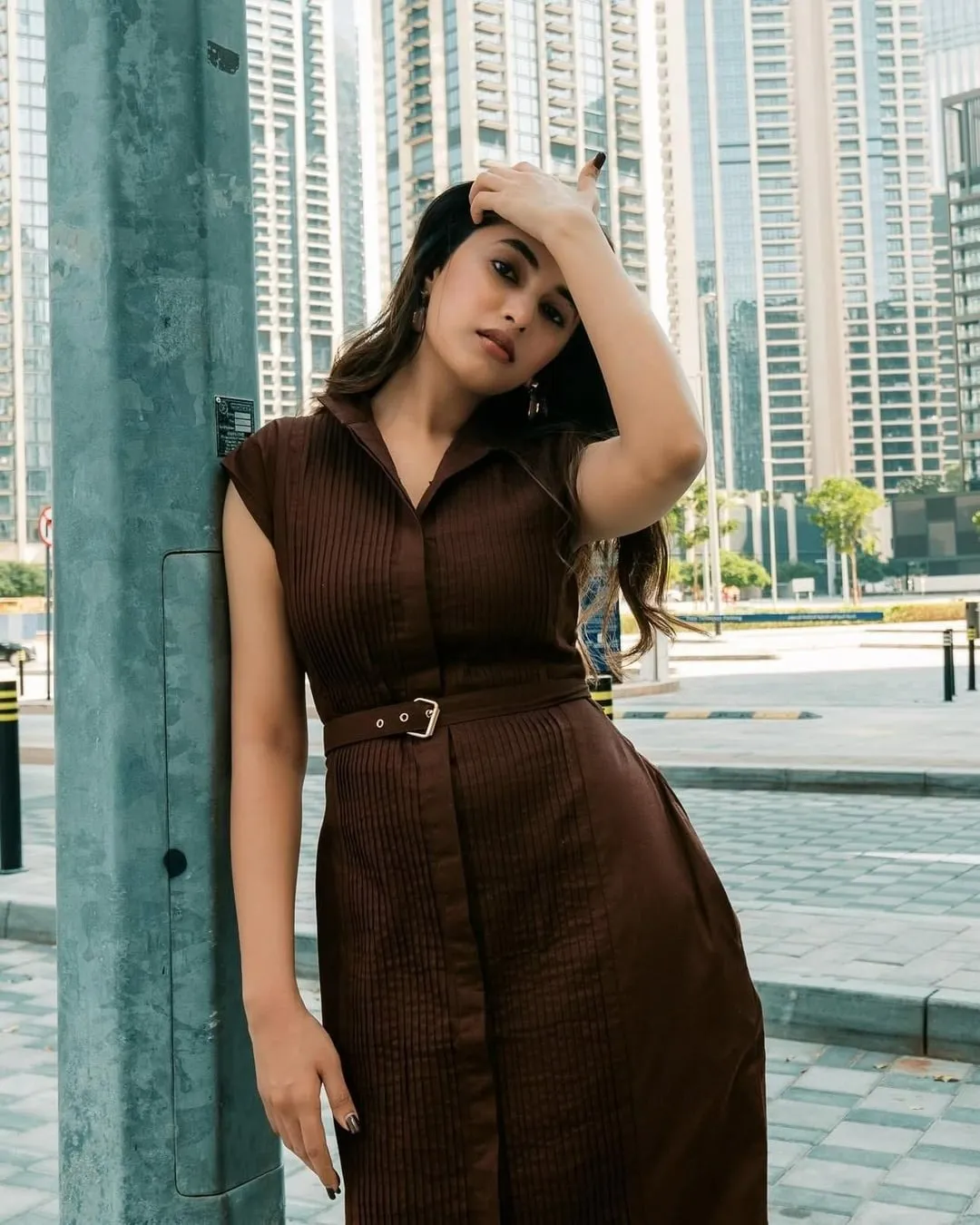 Priyanka Mohan in a Brown Outfit Leaning on the Street Light