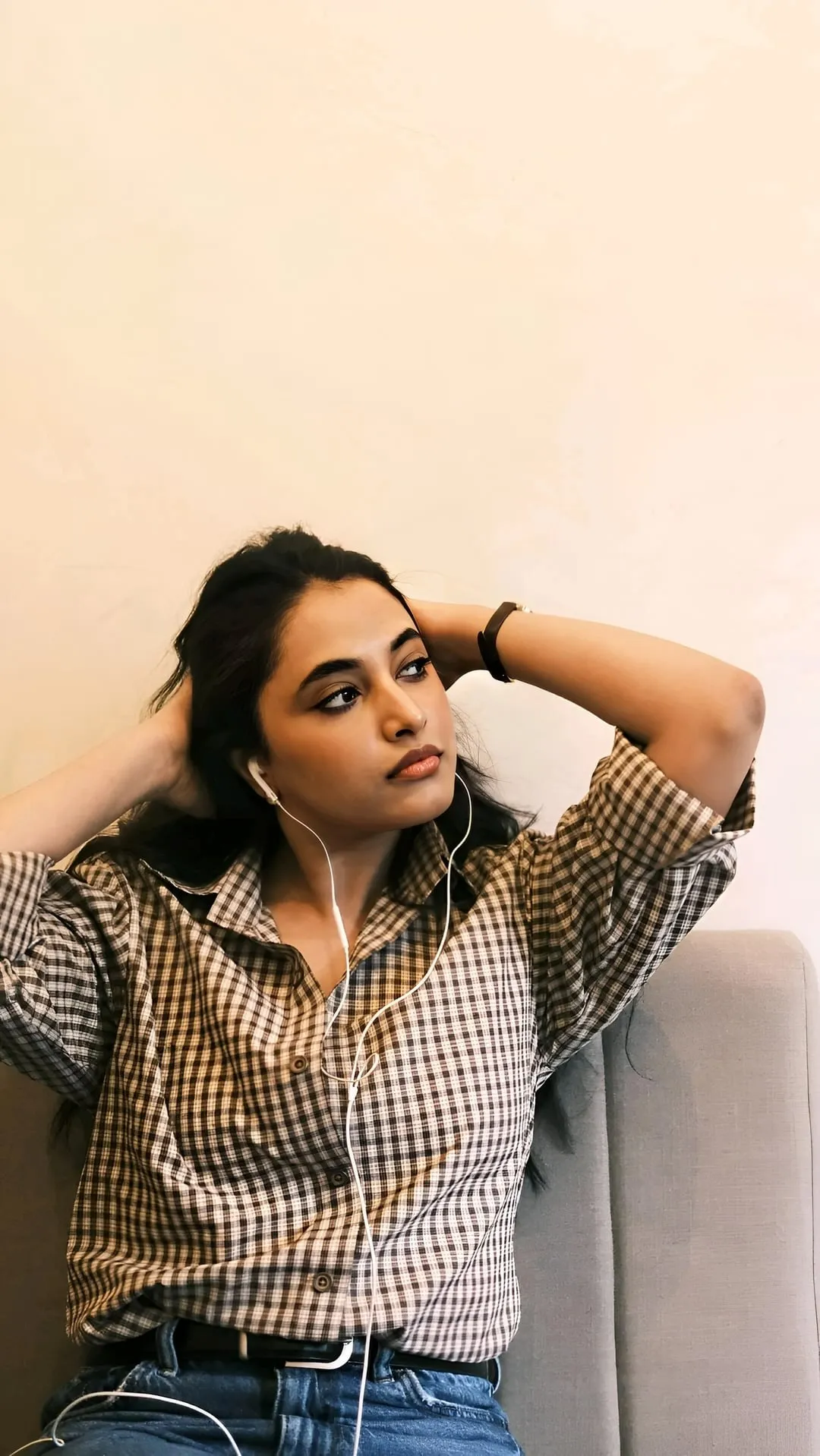 Priyanka Mohan in a Checked Shirt with Headphones Wallpaper