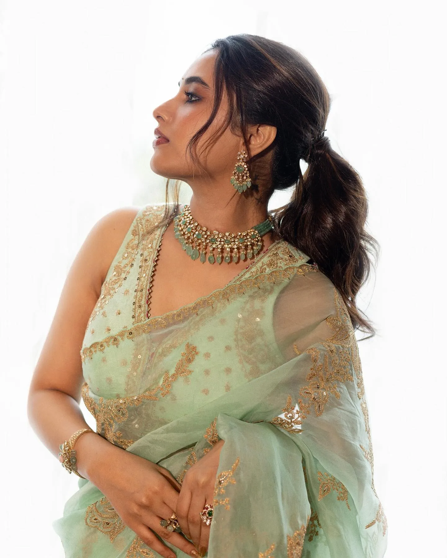 Priyanka Mohan in a Green Saree Standing Against White Wall