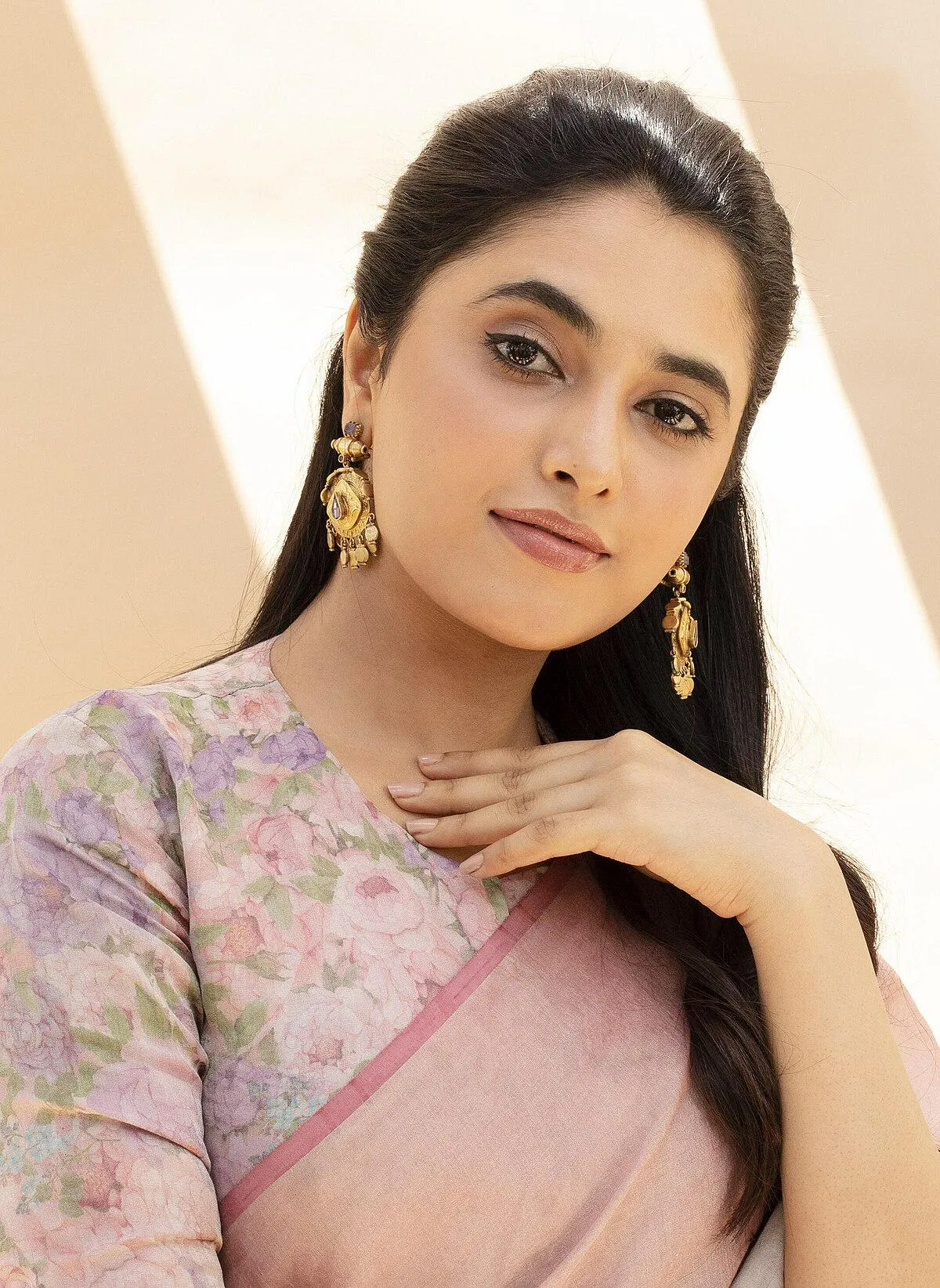 Priyanka Mohan in a Pink Saree with a Pink Floral Blouse