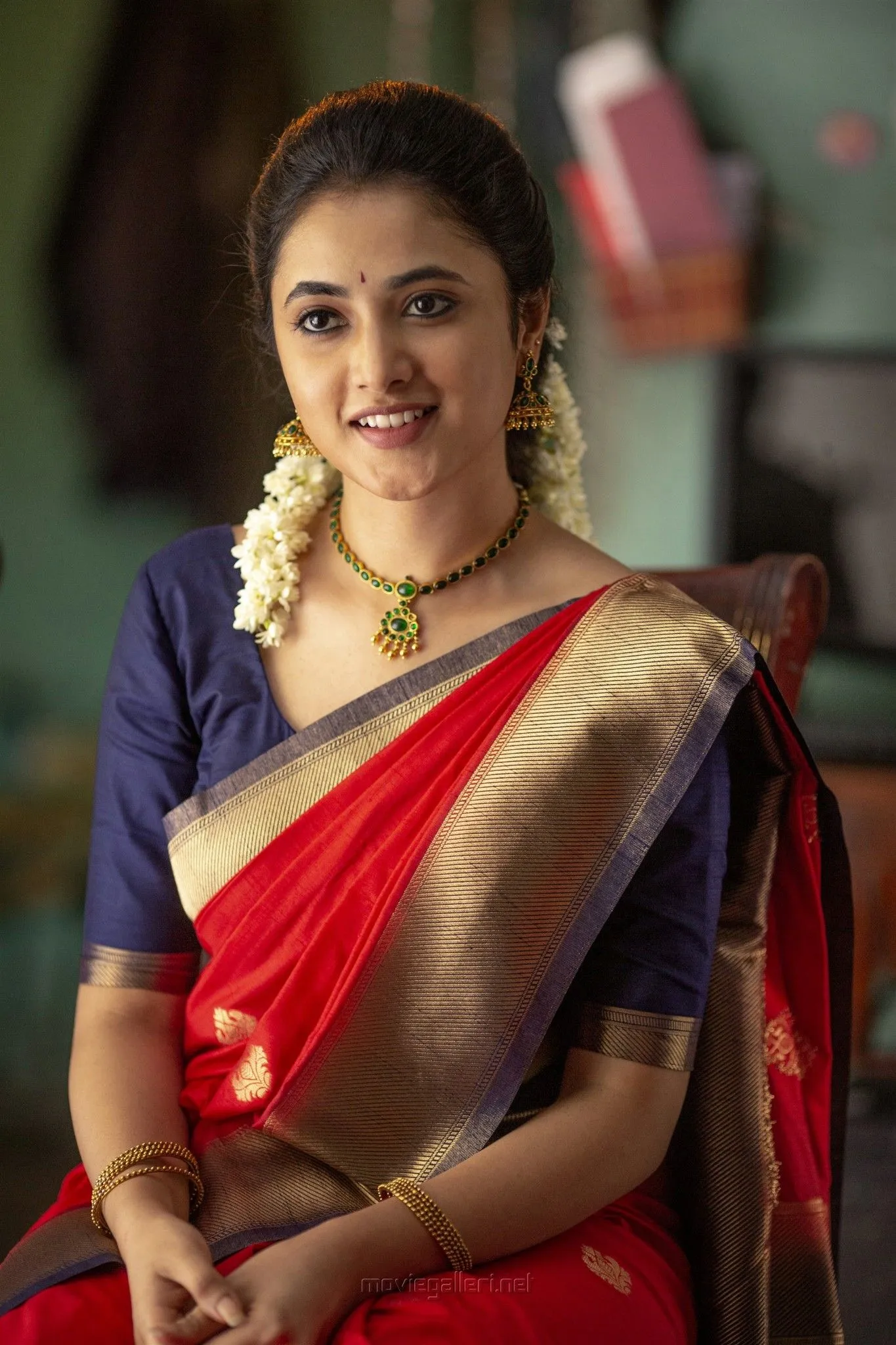Priyanka Mohan in a Red And Blue Saree in a Traditional Look