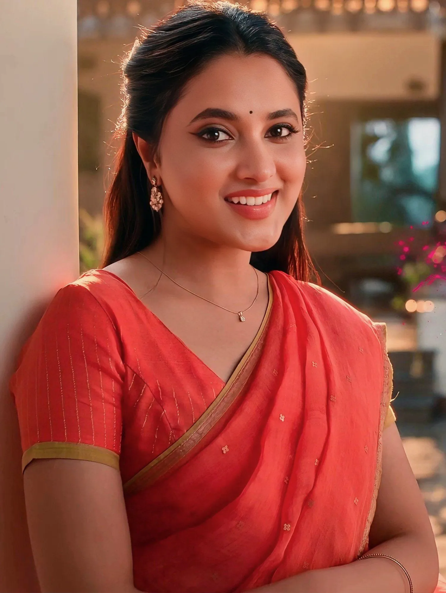 Priyanka Mohan in a Red Saree Leaning on the Wall Image