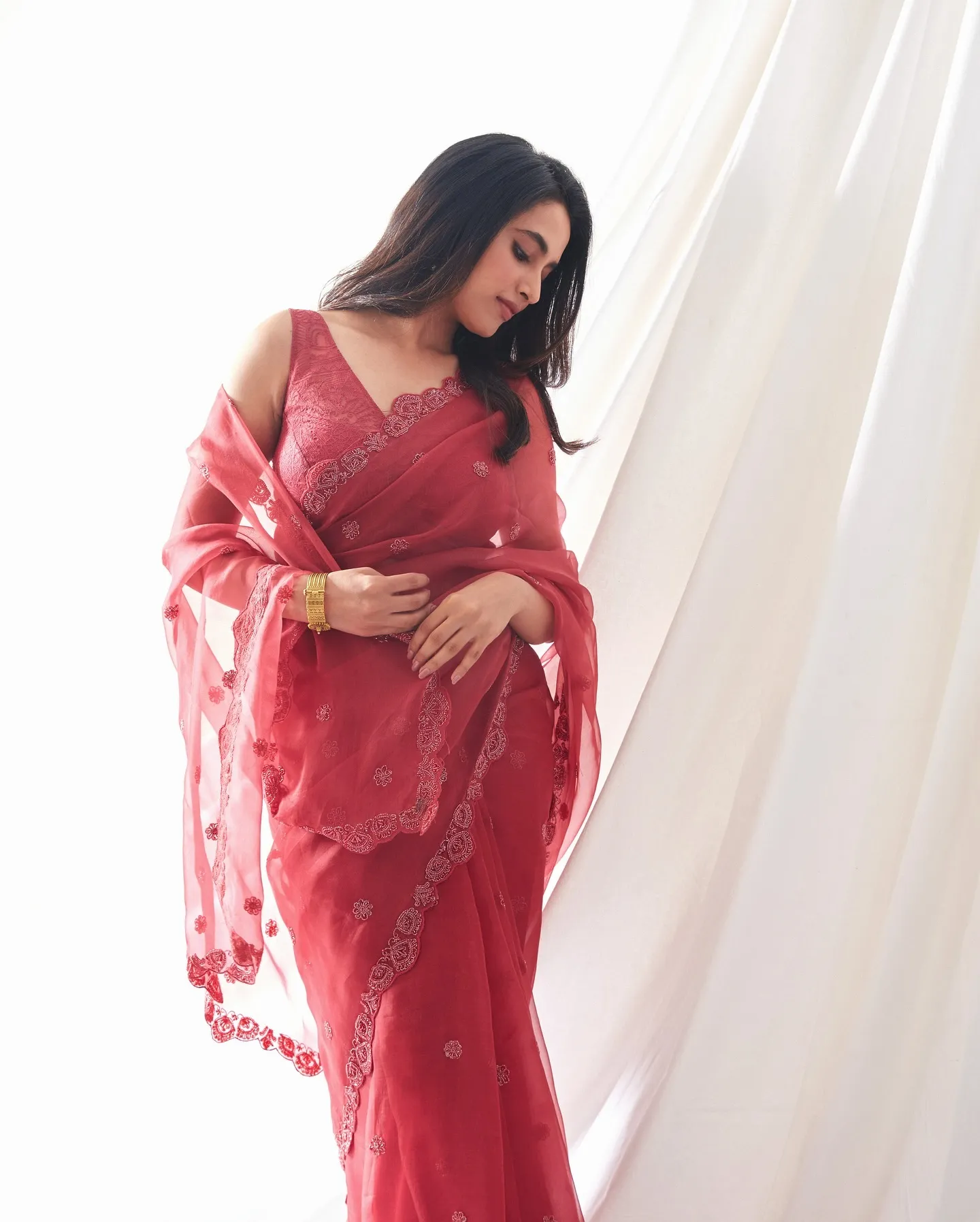 Priyanka Mohan in a Red Saree Standing Near a White Curtain
