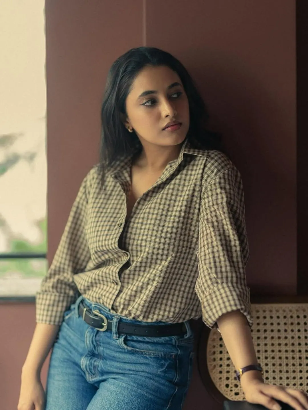 Priyanka Mohan in Checked Shirt And Jeans Looking Side Pose