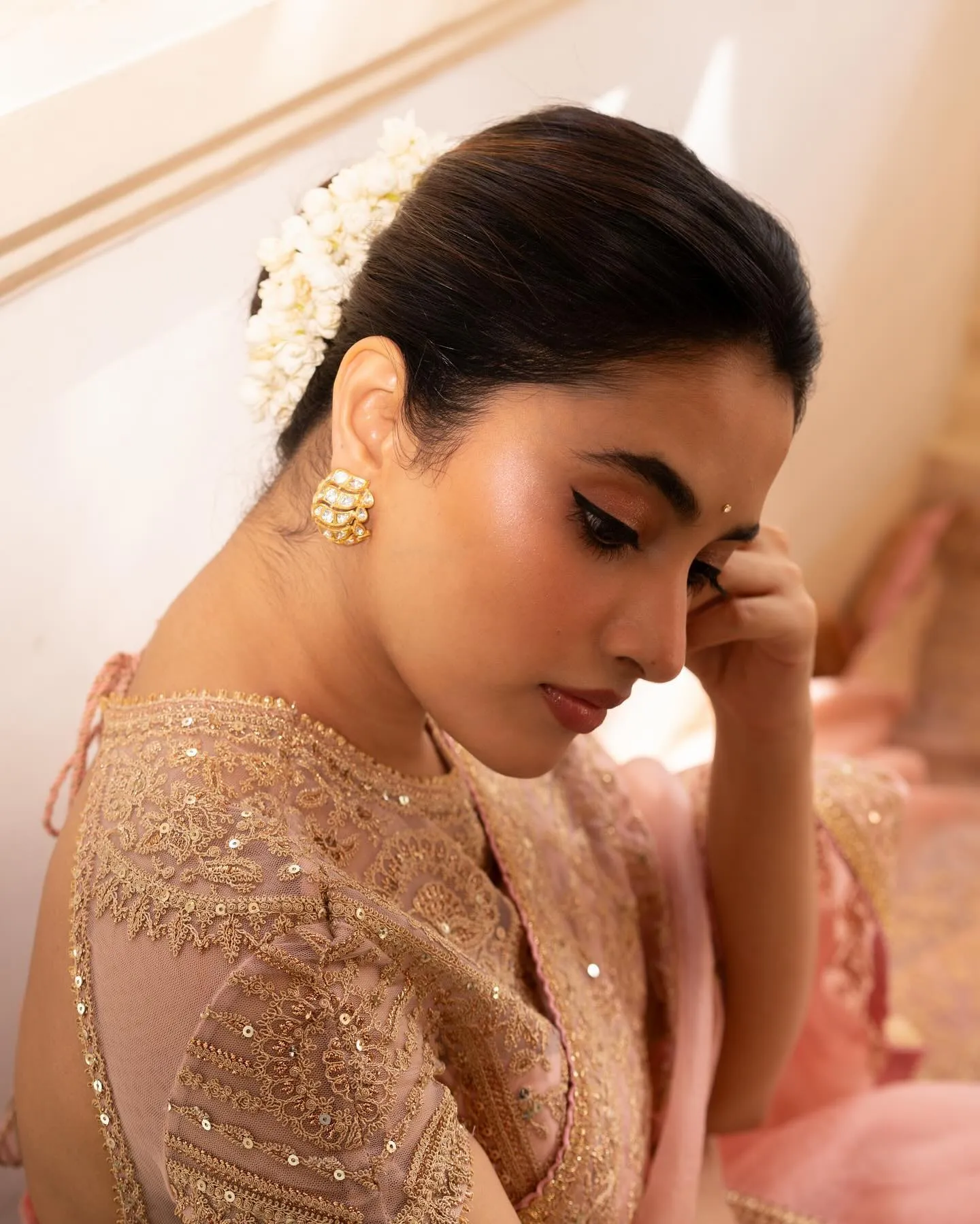 Priyanka Mohan Sitting on Floor Wearing Saree with Makeup