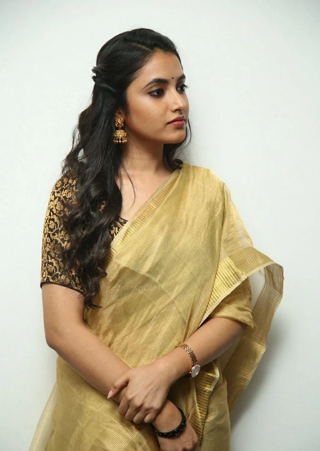 Priyanka Mohan Standing Near the White Wall Wearing a Saree