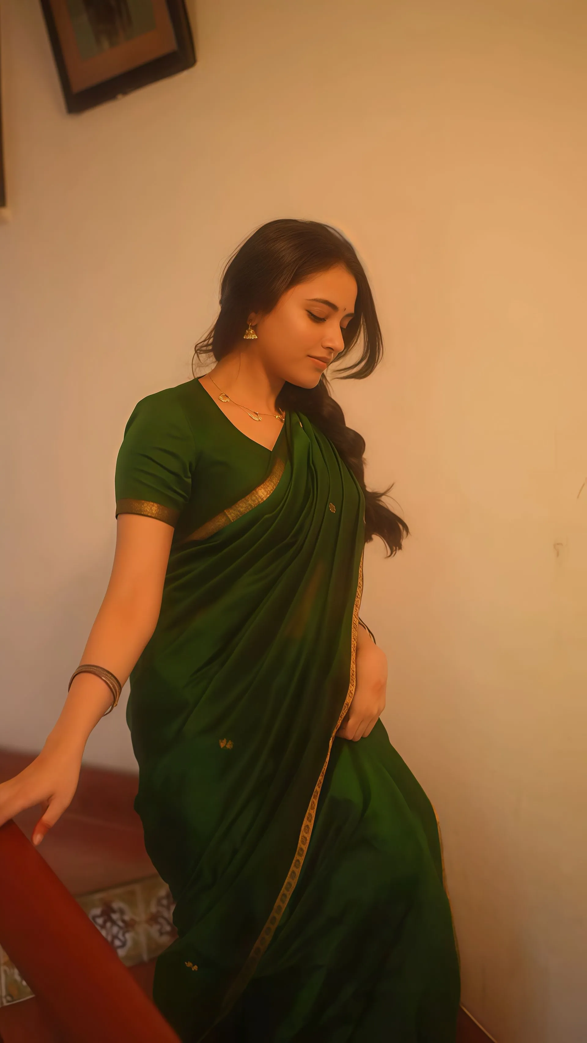 Priyanka Mohan Walking in the Stairs Wearing a Green Saree