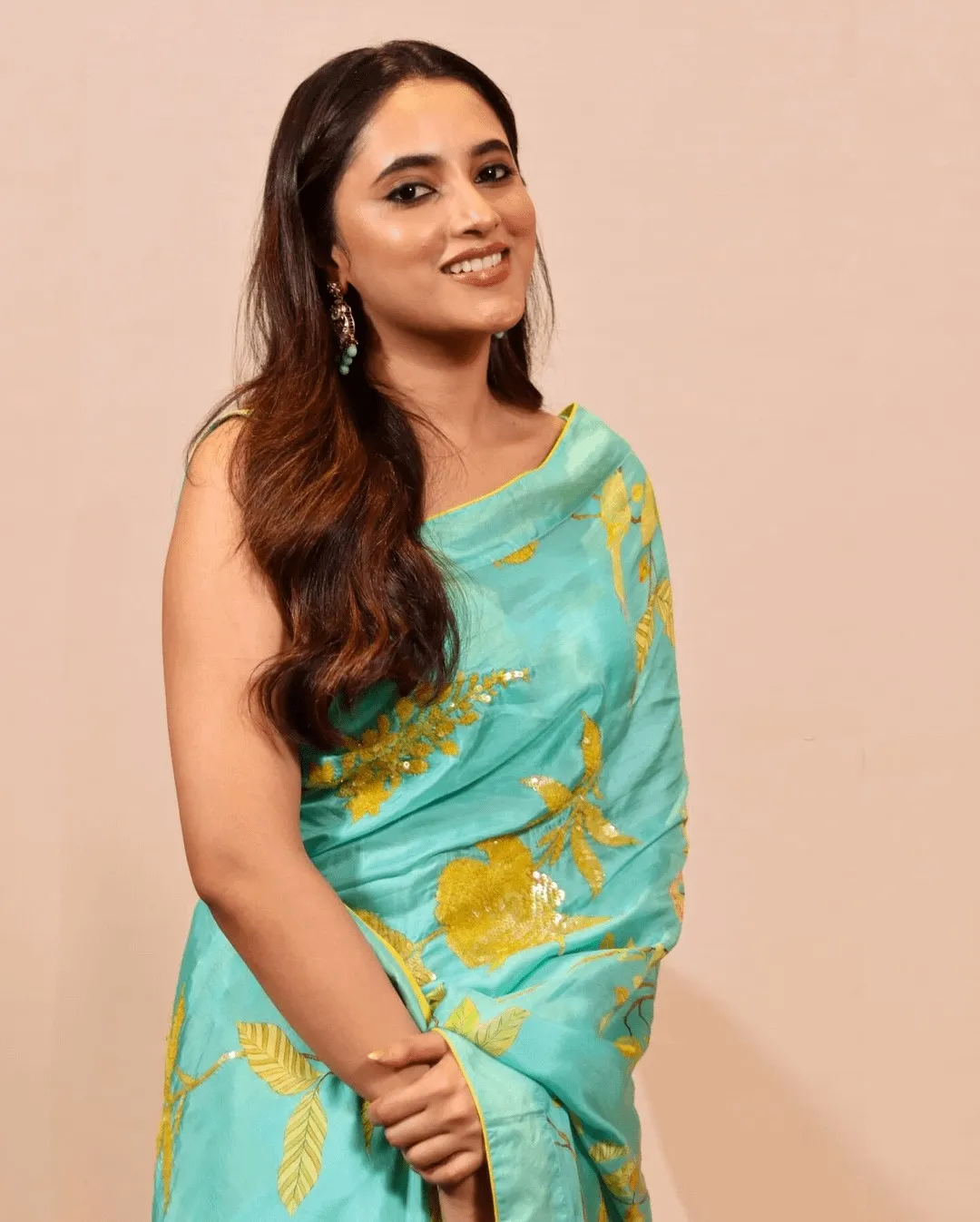 Priyanka Mohan Wearing a Blue Saree with a Floral Design