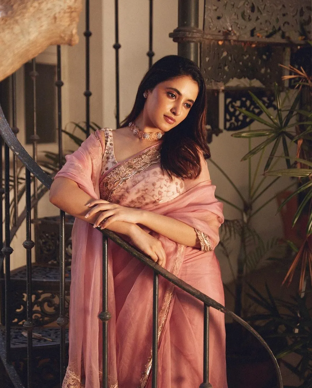 Priyanka Mohan Wearing a Pink Saree with Looking Down Pose