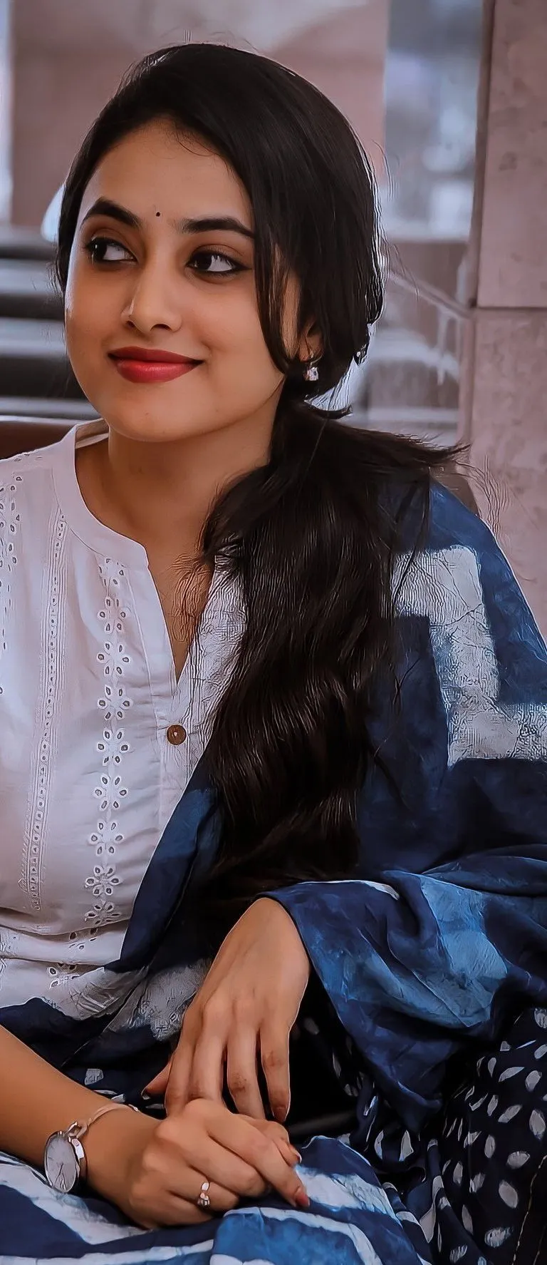 Priyanka Mohan Wearing a White And Blue Dress Free Wallpaper