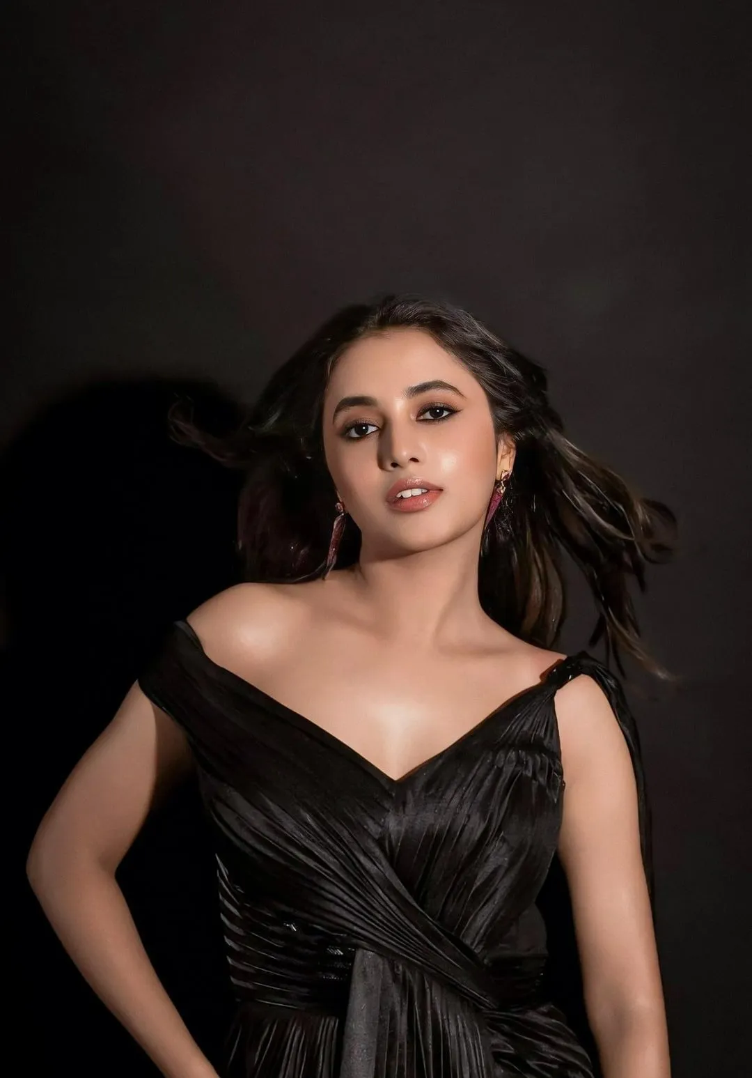 Priyanka Mohan Wearing Black Dress in Dramatic Low Light