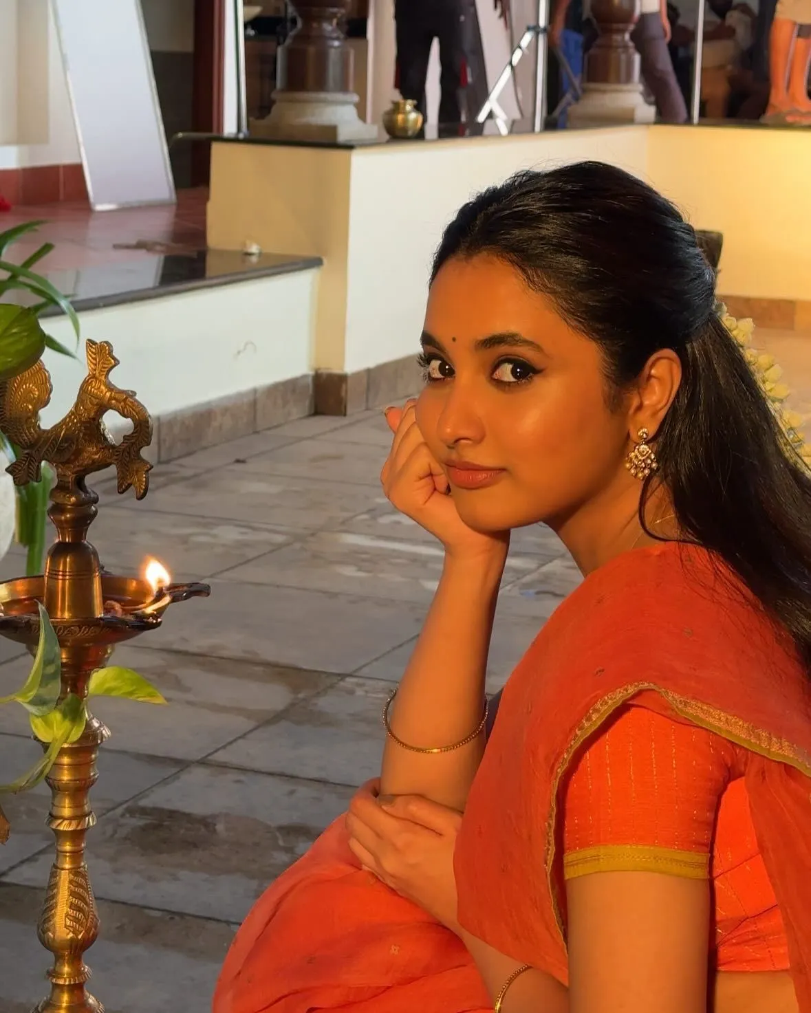 Traditional Priyanka Arul Mohan Sitting with Lamp Light