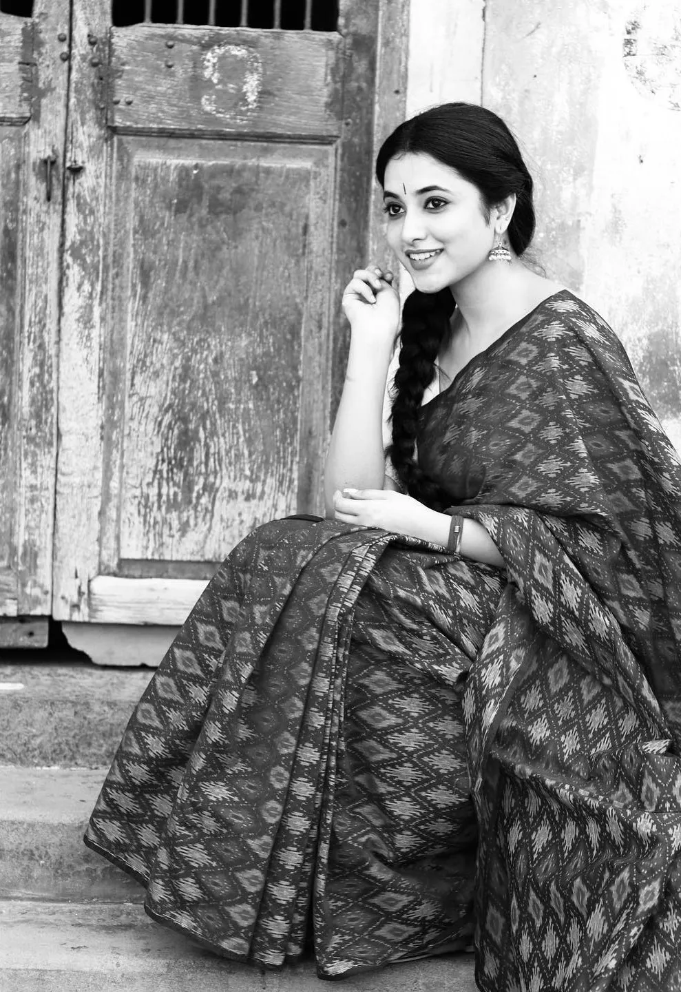 Vintage Black And White Image of Priyanka Mohan in a Saree