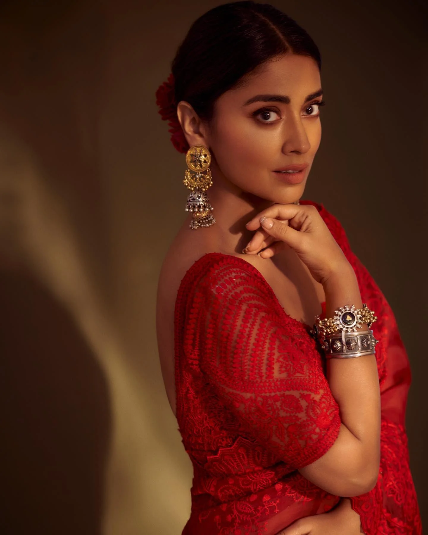 Actress Shreya Saran Stunning Pose in Red Saree