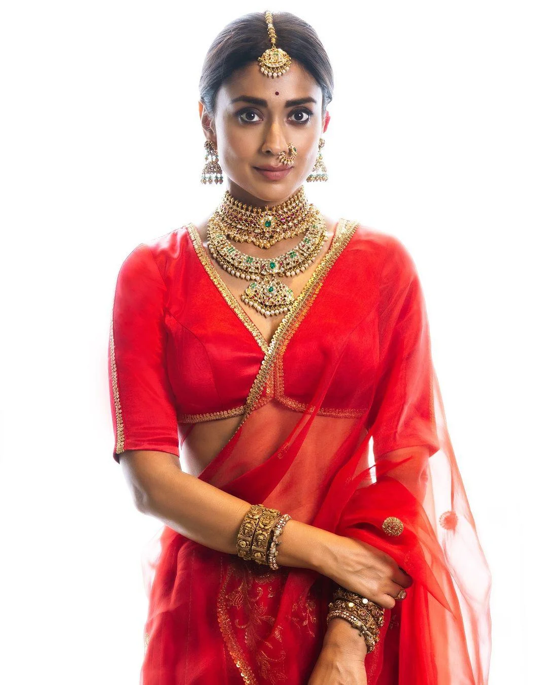 Actress Shriya saran Red Traditional Outfit Wallpaper