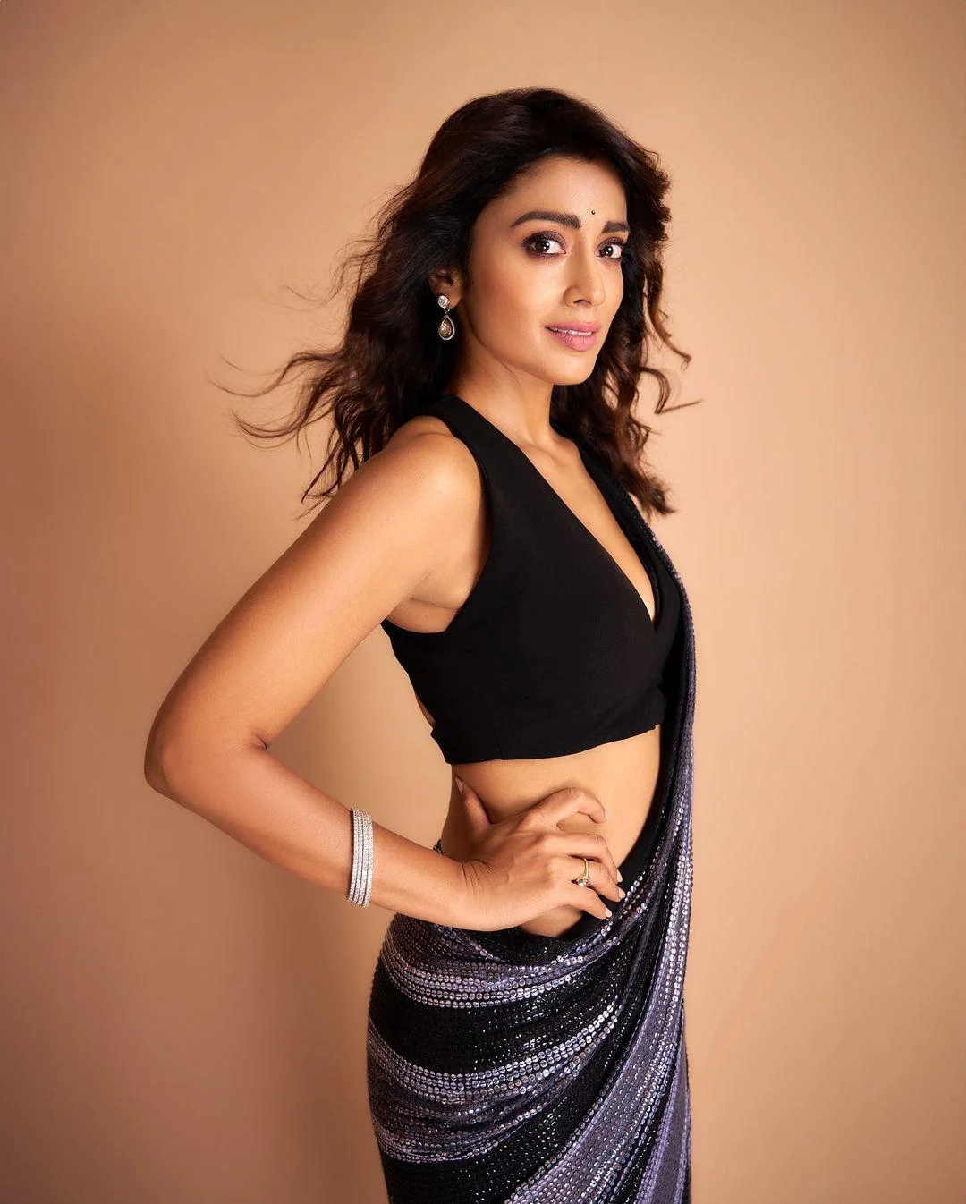 Shriya Hot in Black Saree Hd Wallpaper