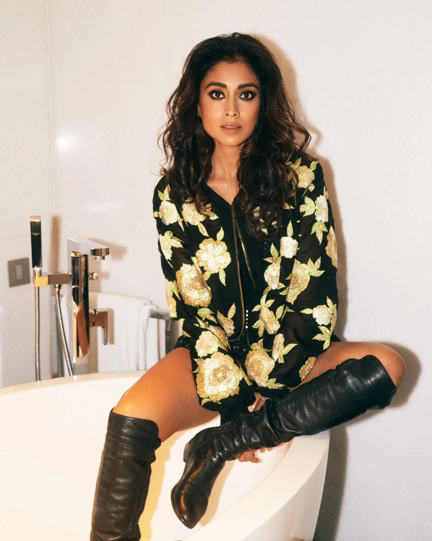 Shriya Saran Golden Floral Dress Hd Image