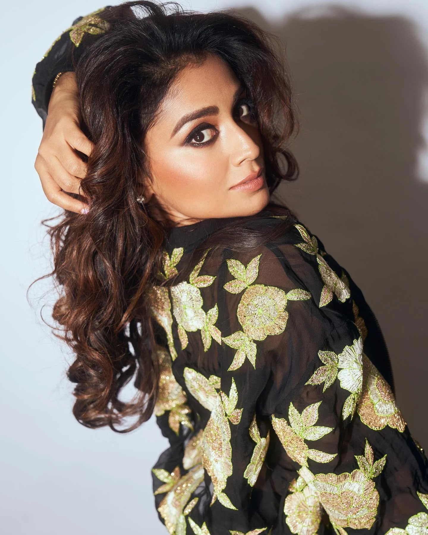 Shriya Saran Stunning Pose in Floral Dress Hd Wallpaper