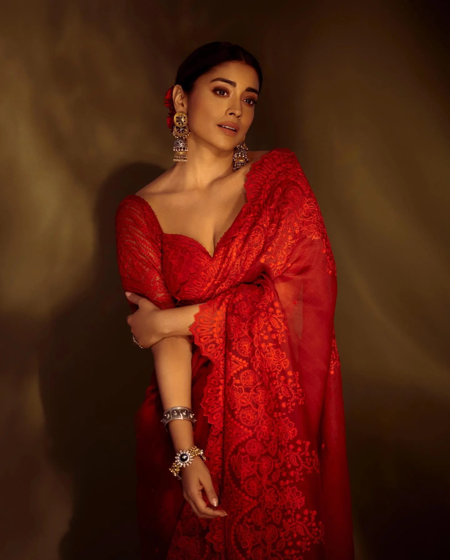 Shriya Saran Stunning Pose in Red Saree