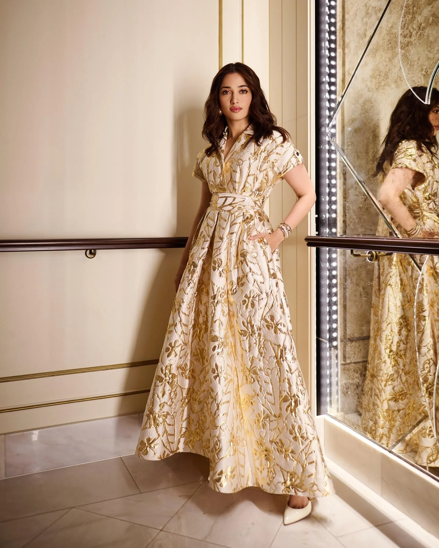 Tamannaa Shines in Golden Embroidered Dress Hd Wallpaper