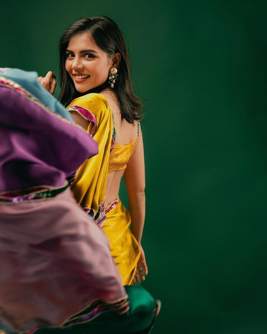 Happy Kalyani in Mustard Saree Dancing Pose Photography