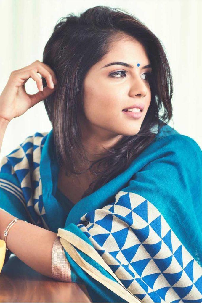 Kalyani in Blue Patterned Shawl Looking Sideways Photography