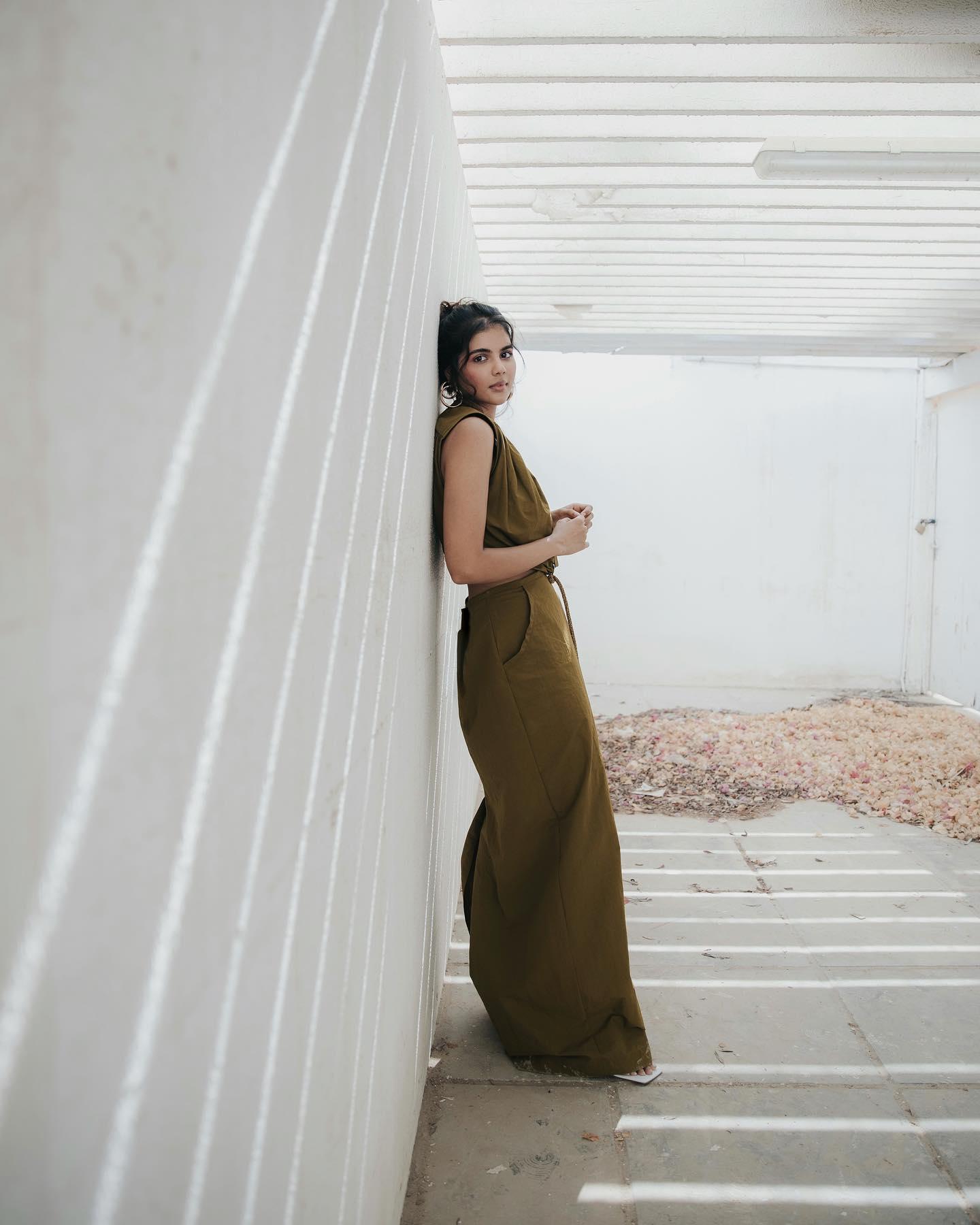 Kalyani in Olive Green Saree by Architectural Wall Photo