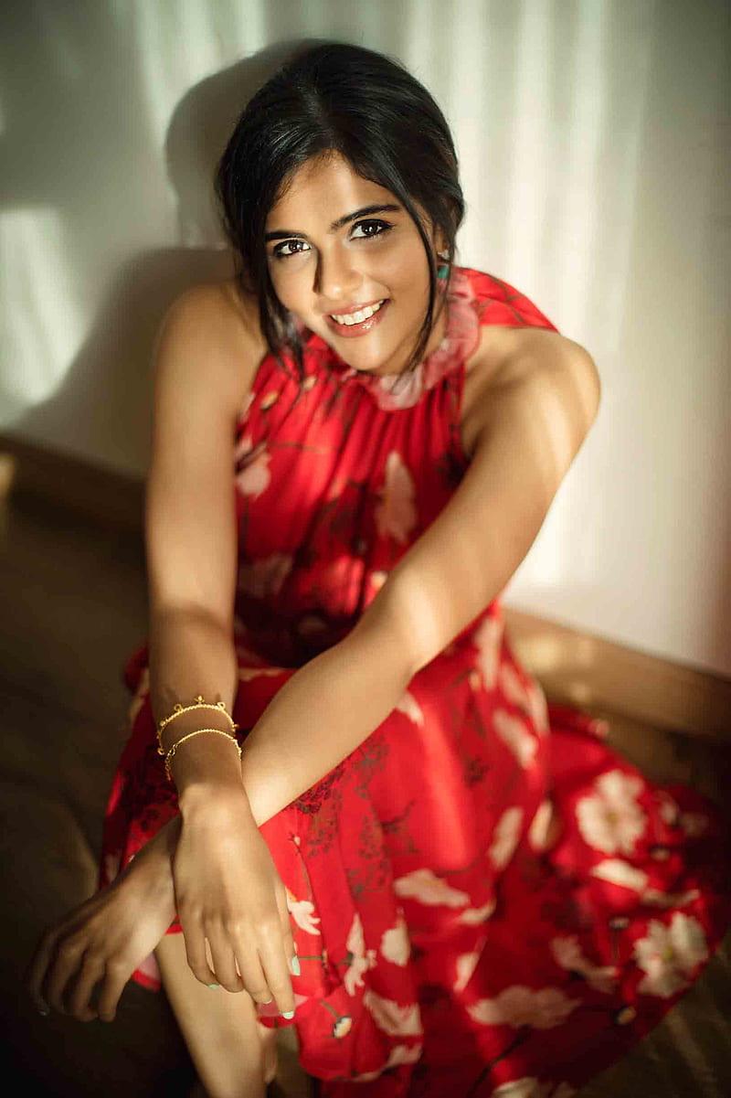 Kalyani in Red Floral Dress Sitting Indoors Photography