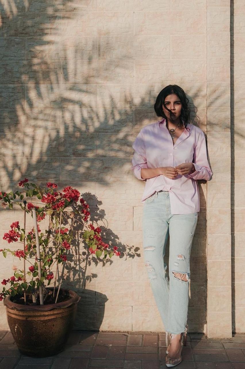 Kalyani Priyadarshan in Pink Shirt and Search Band Photo