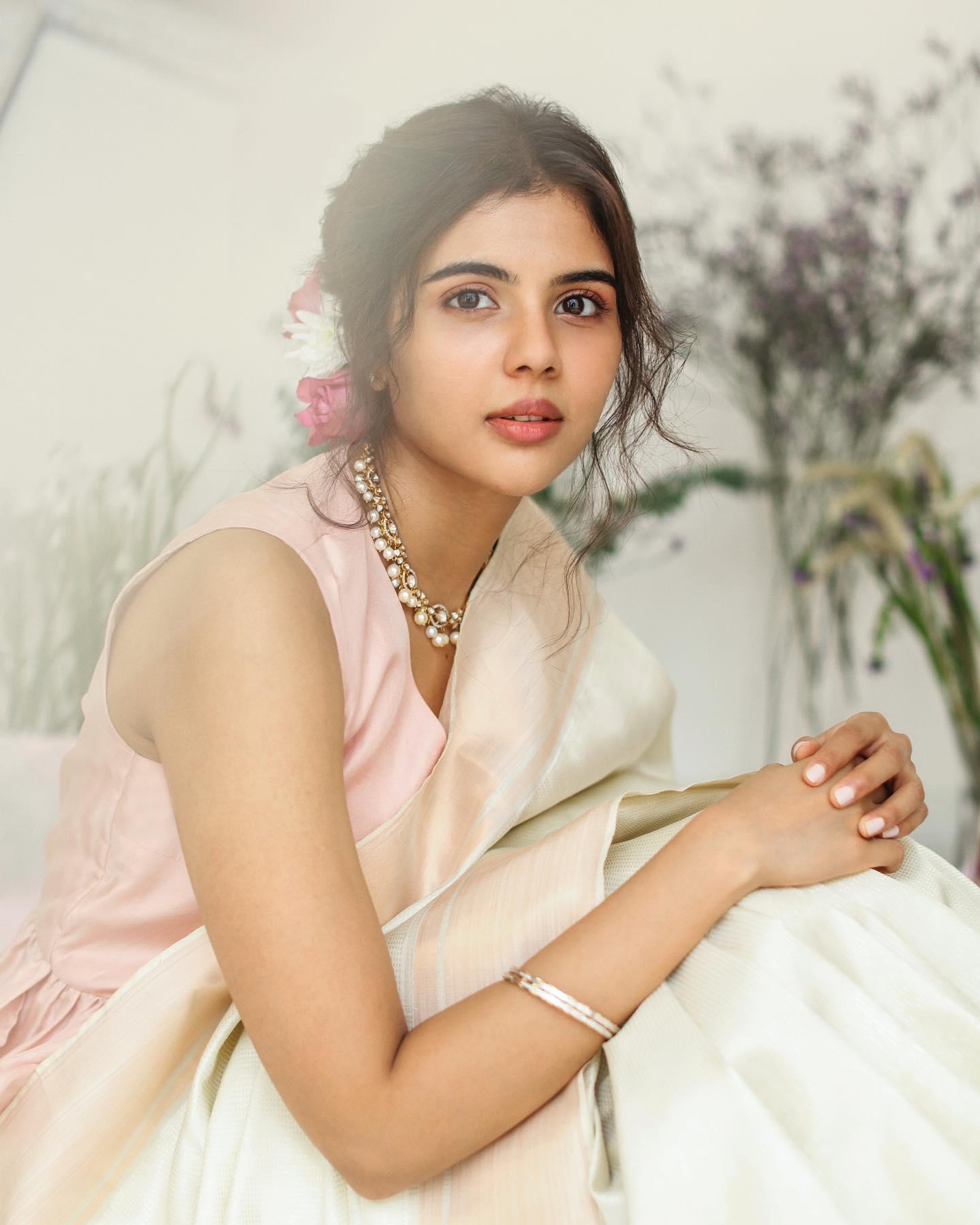 Kalyani Priyadarshan in Soft Pink Saree Floral Elegance Pic
