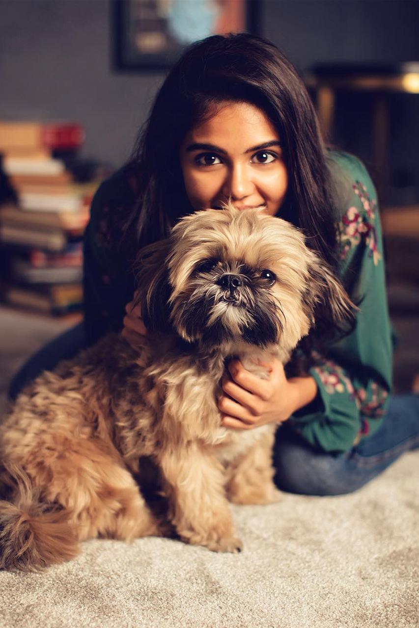 Natural Photo of Kalyani Priyadarshan with Pet Theo Pic