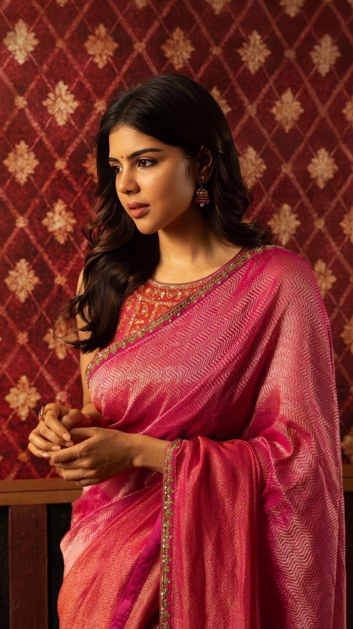 Priyadarshan in Pink Saree Portrait Photo Wallpaper