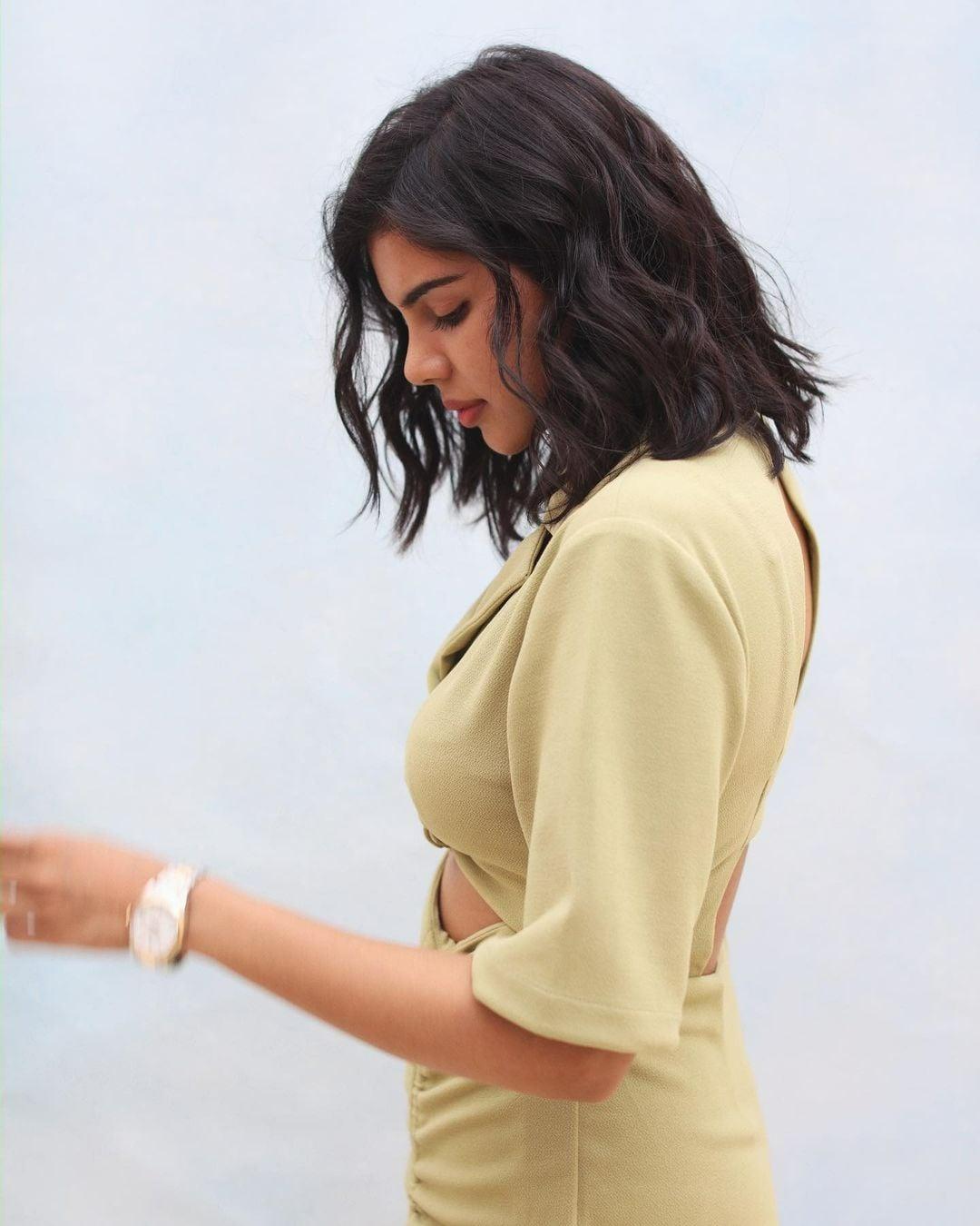 Side View of Stylish Kalyani Priyadarshan in Beige Dress Pic