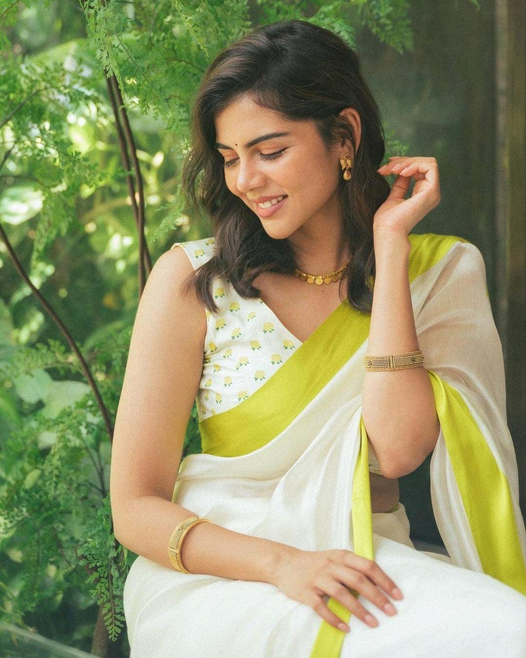 White and Green Saree with Natural Background Image