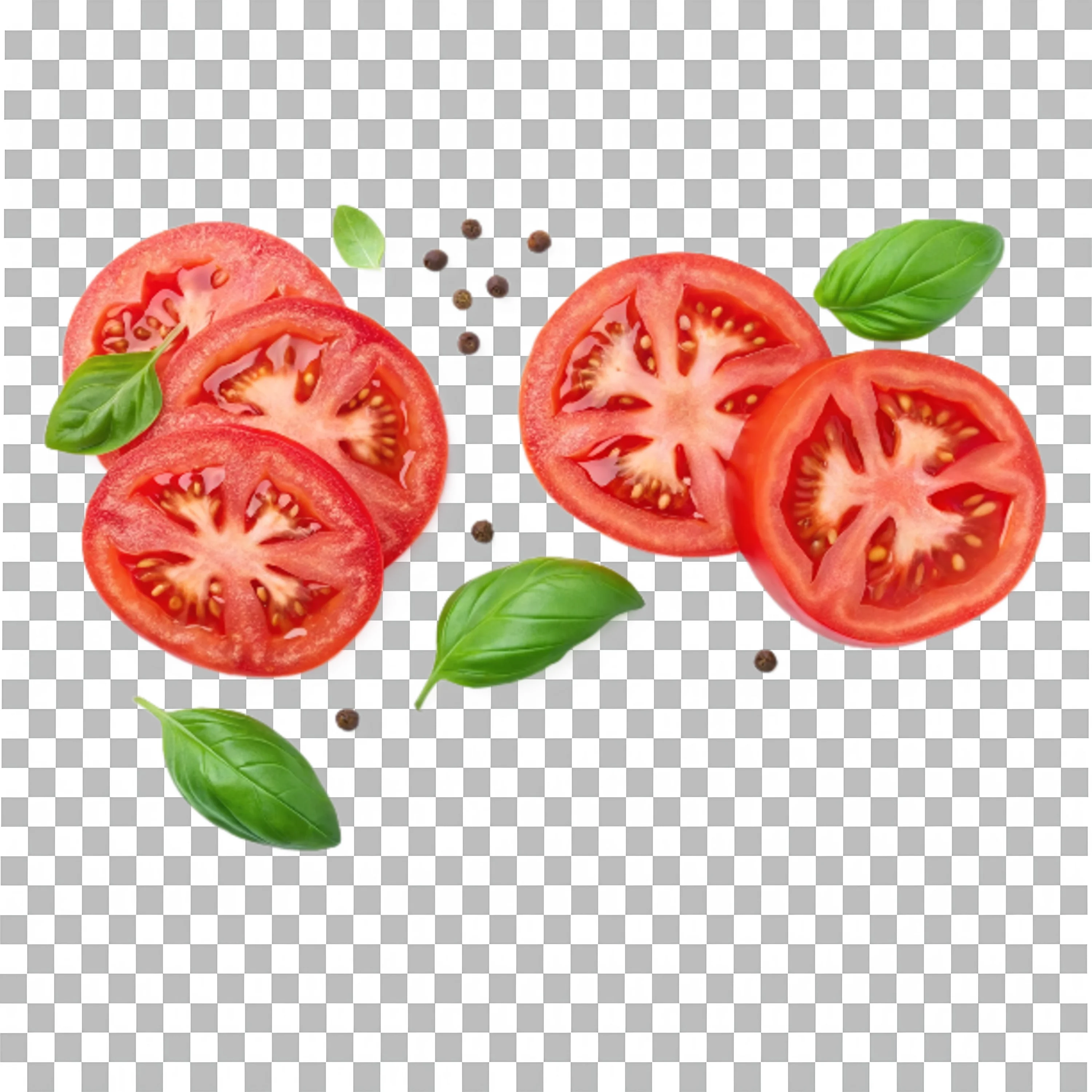 Realistic Sliced Tomatoes with Basil and Pepper PNG