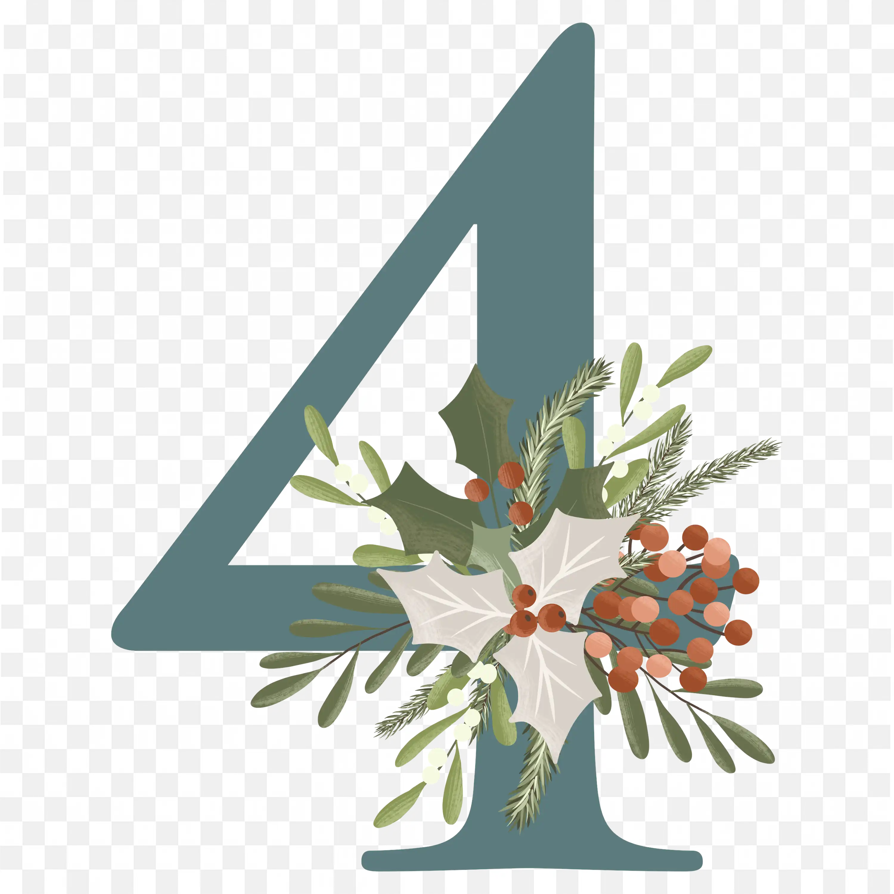 Number Four with Green Leaves Floral Decoration PNG