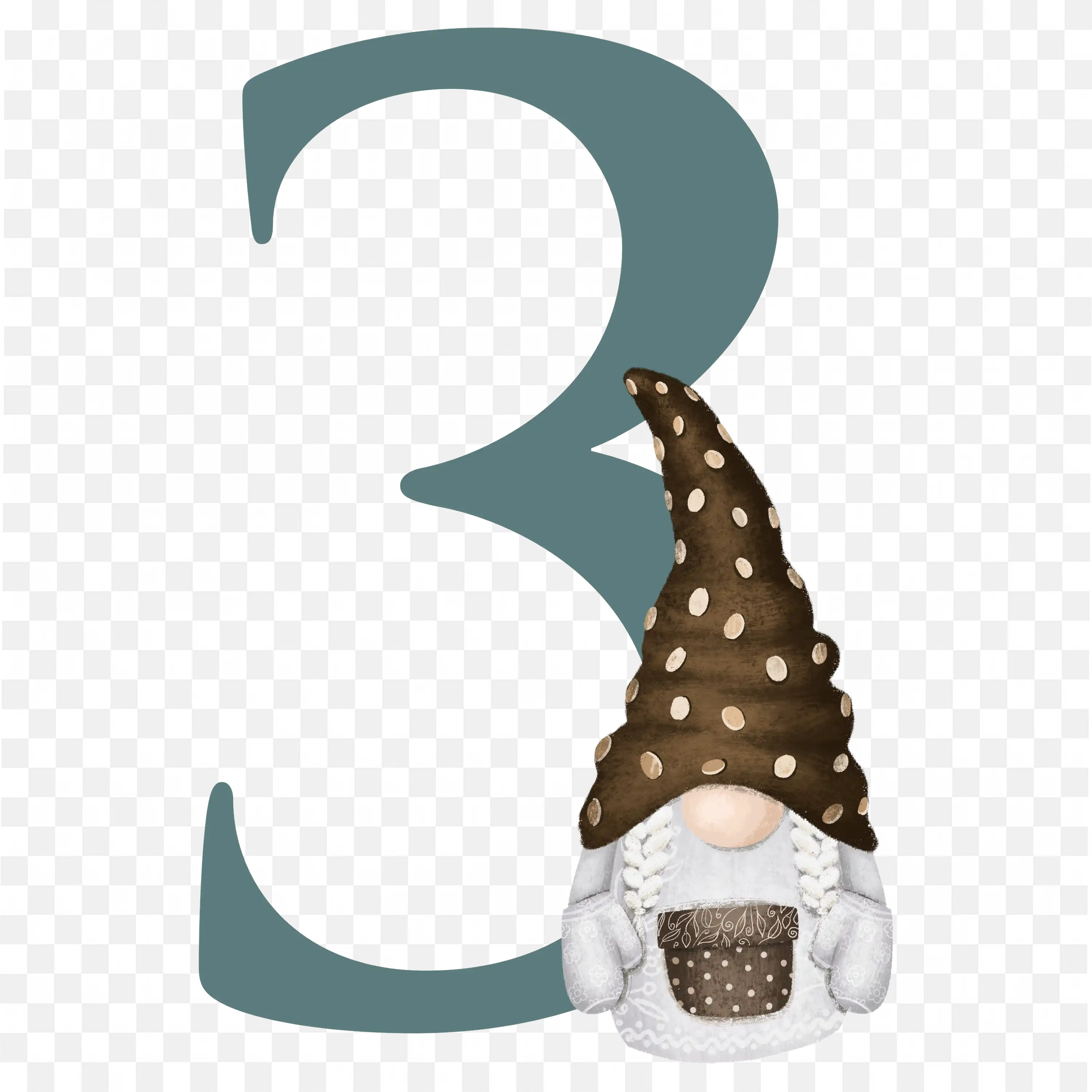 Number Three with Cute Gnome Illustration Style PNG