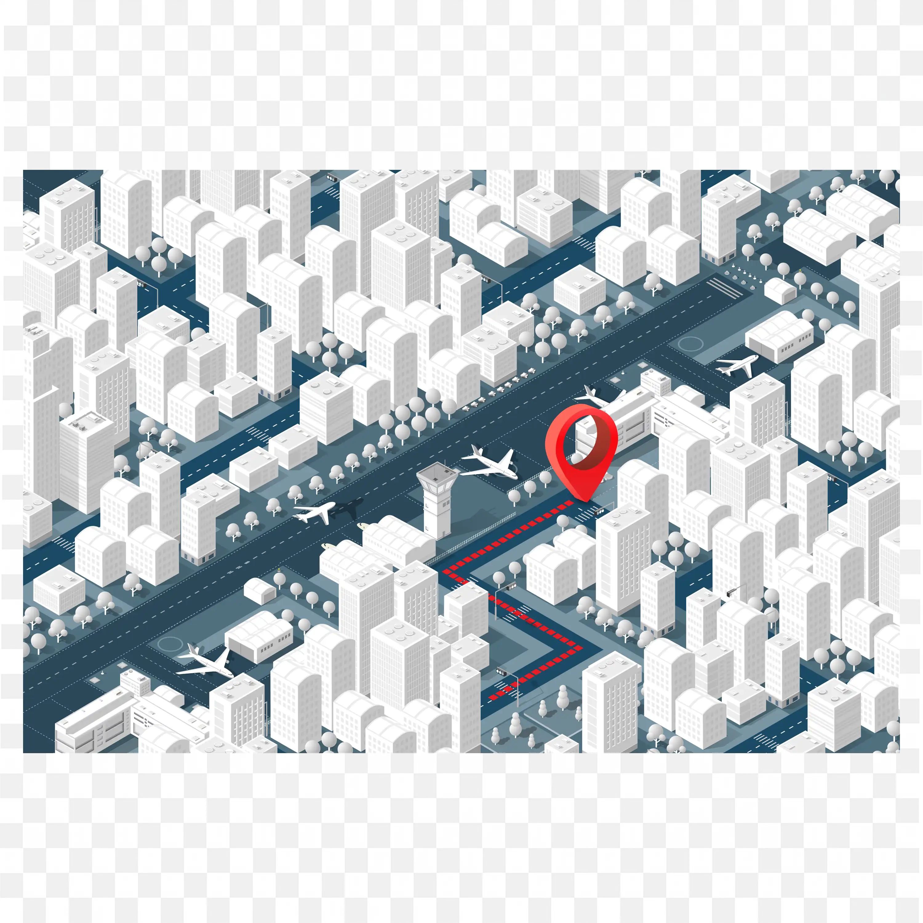 City Map Top View with Blue Roads and Red Marker PNG