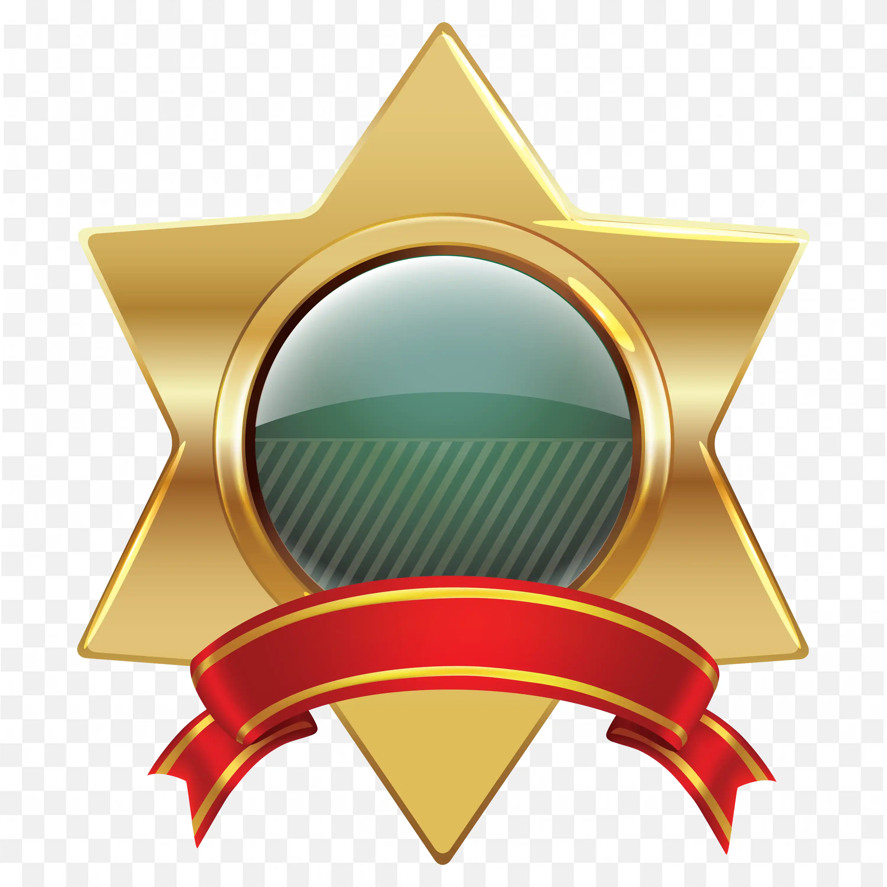 Gold Badge with Red Ribbon and Green Center Emblem PNG