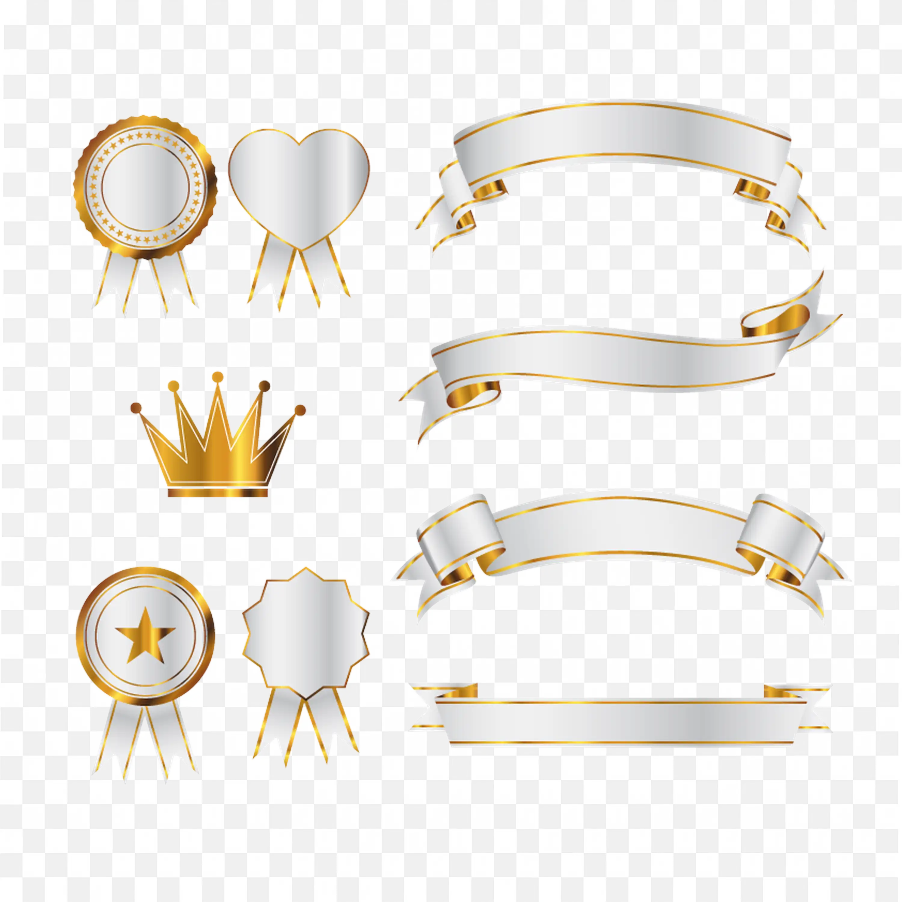 Gold Crown and Ribbon Medals Set with Banners Free PNG