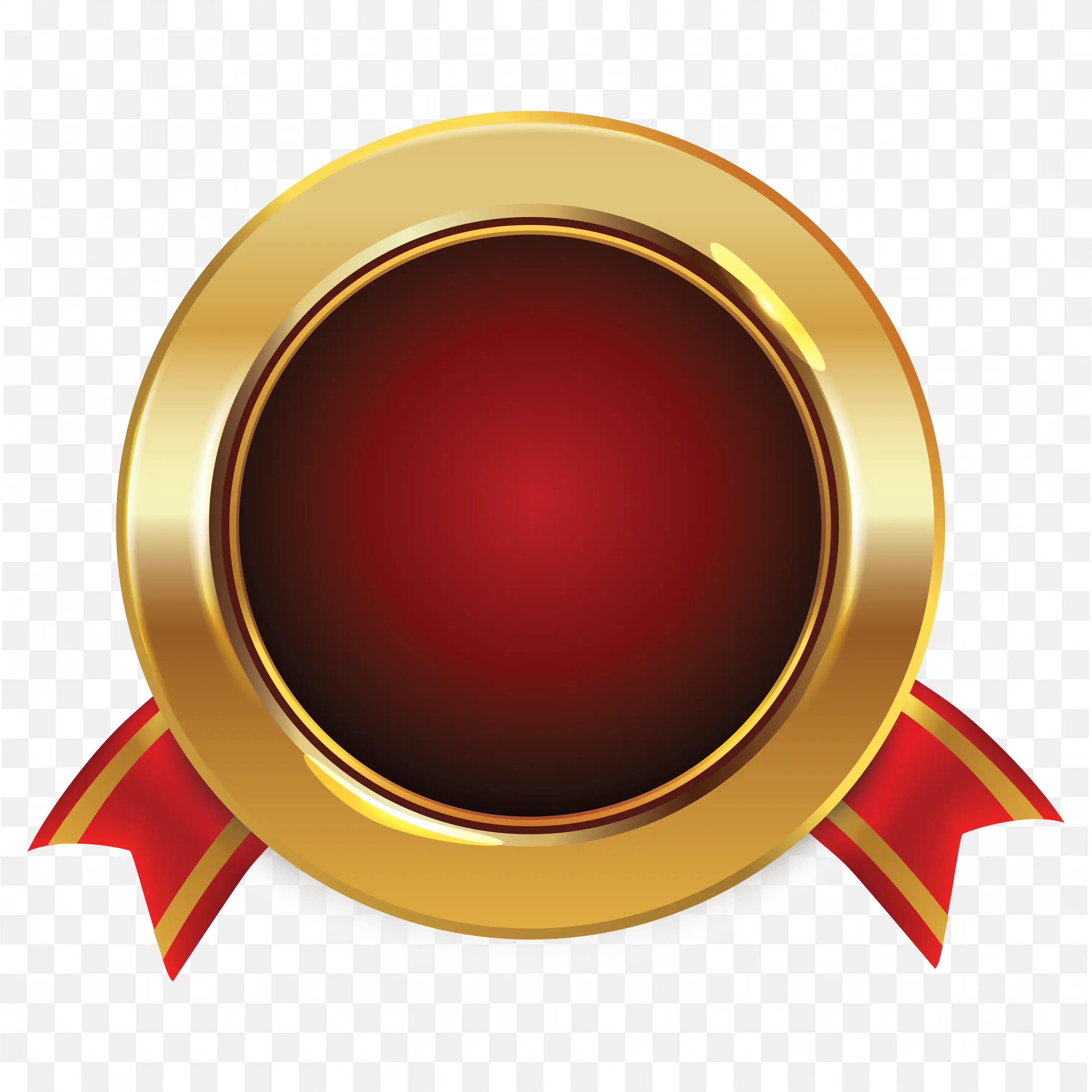 Gold Medal Badge with Red Ribbon and Dark Center PNG Image
