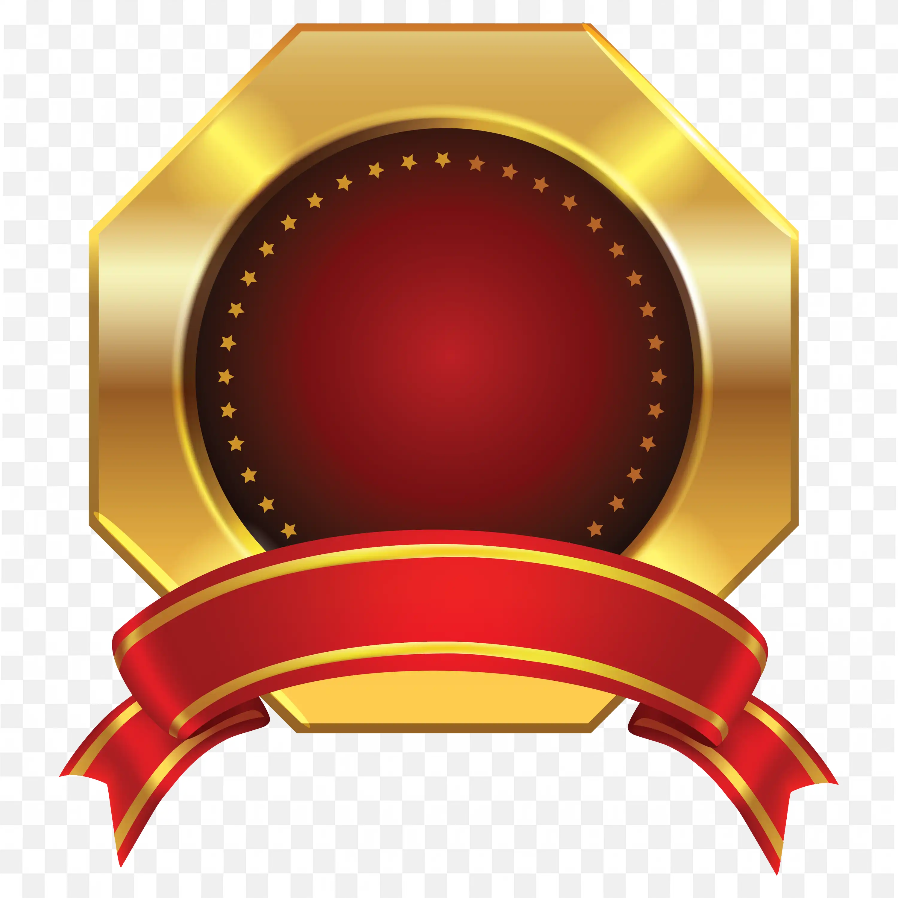 Gold Octagon Badge with Red Center and Ribbon on White Background
