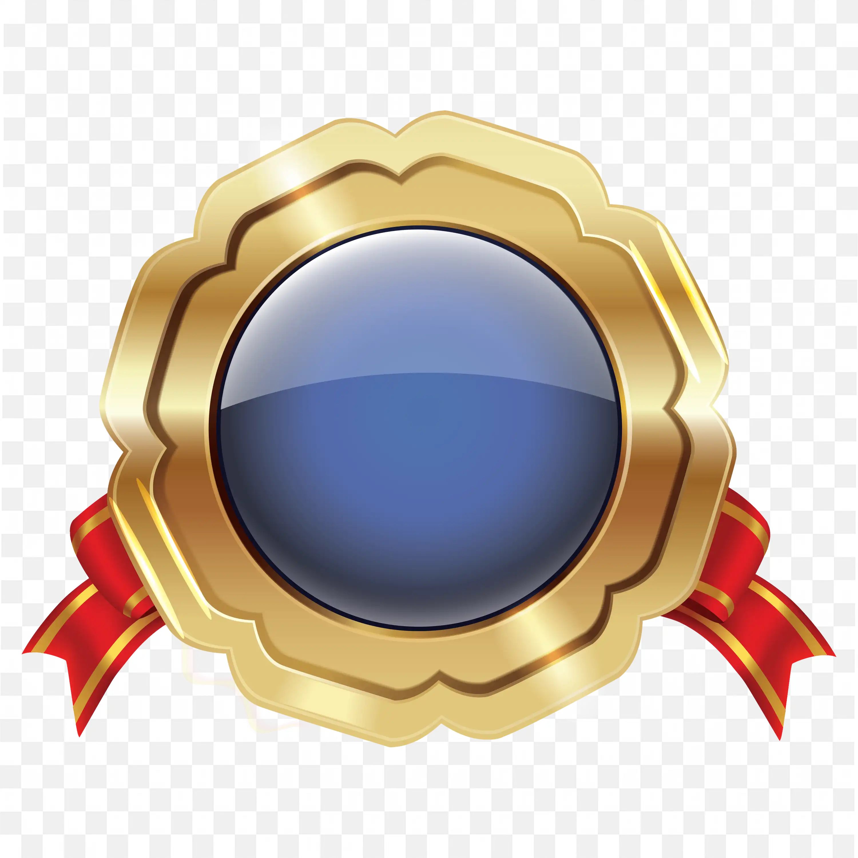 Gold Ribbon Badge with Blue Center and Red Ribbon Decoration
