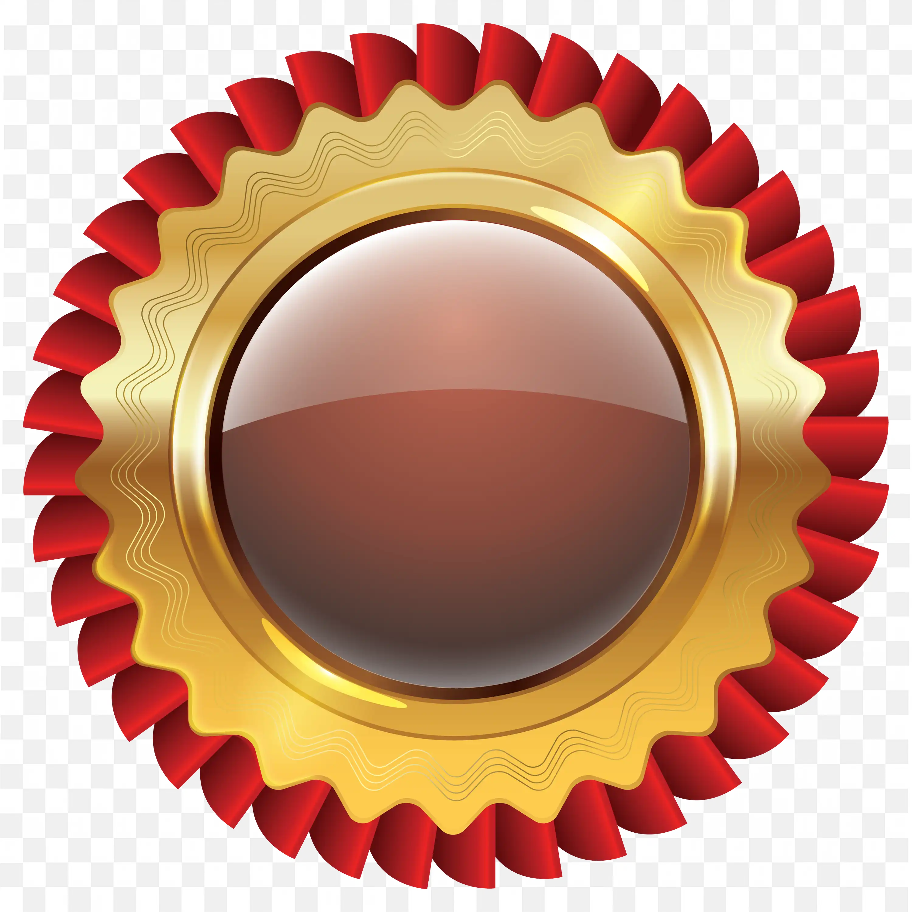 Gold Ribbon Badge with Red Ruffle and Brown Center PNG Image