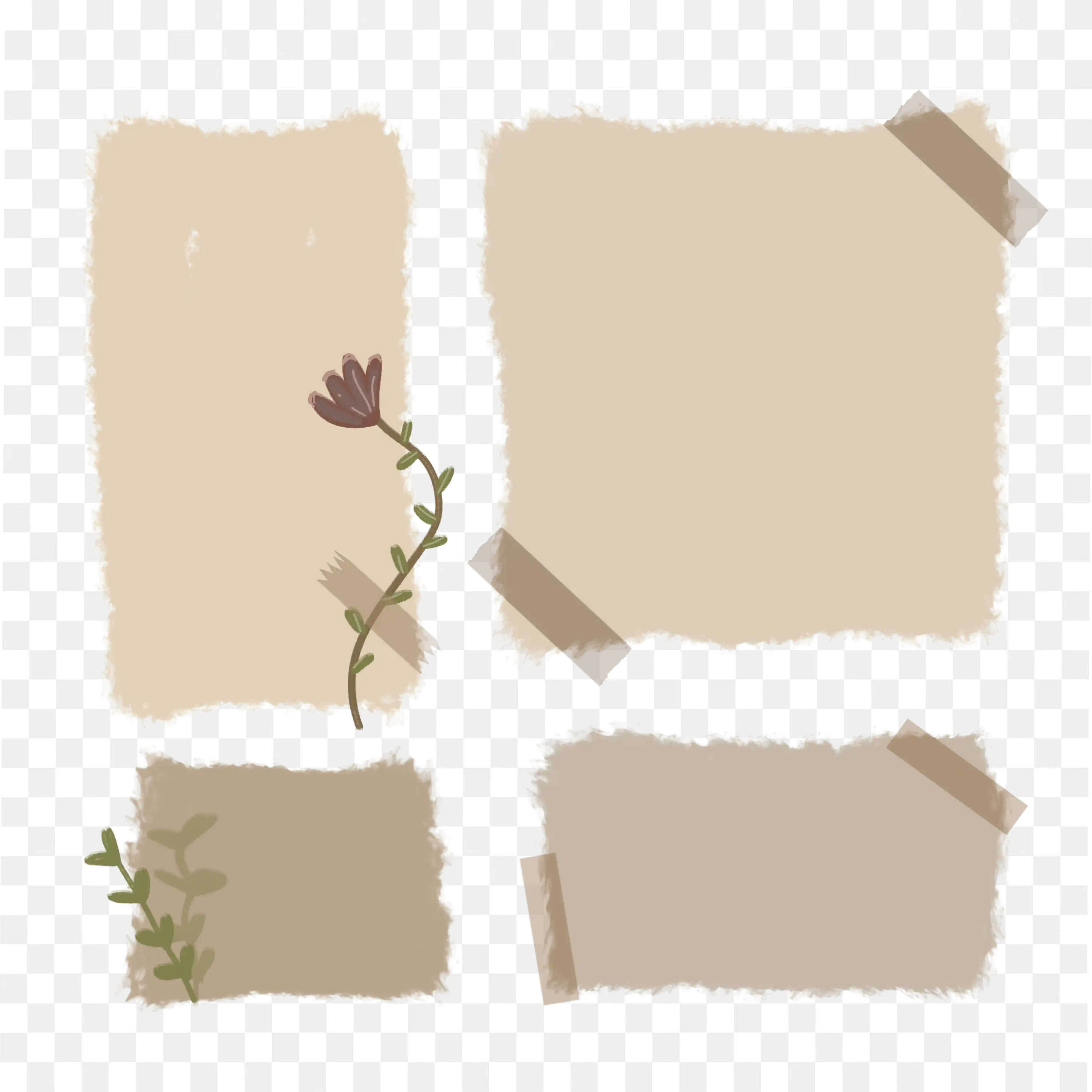 Scrapbook Beige Torn Paper Pieces with Tape and Plants PNG