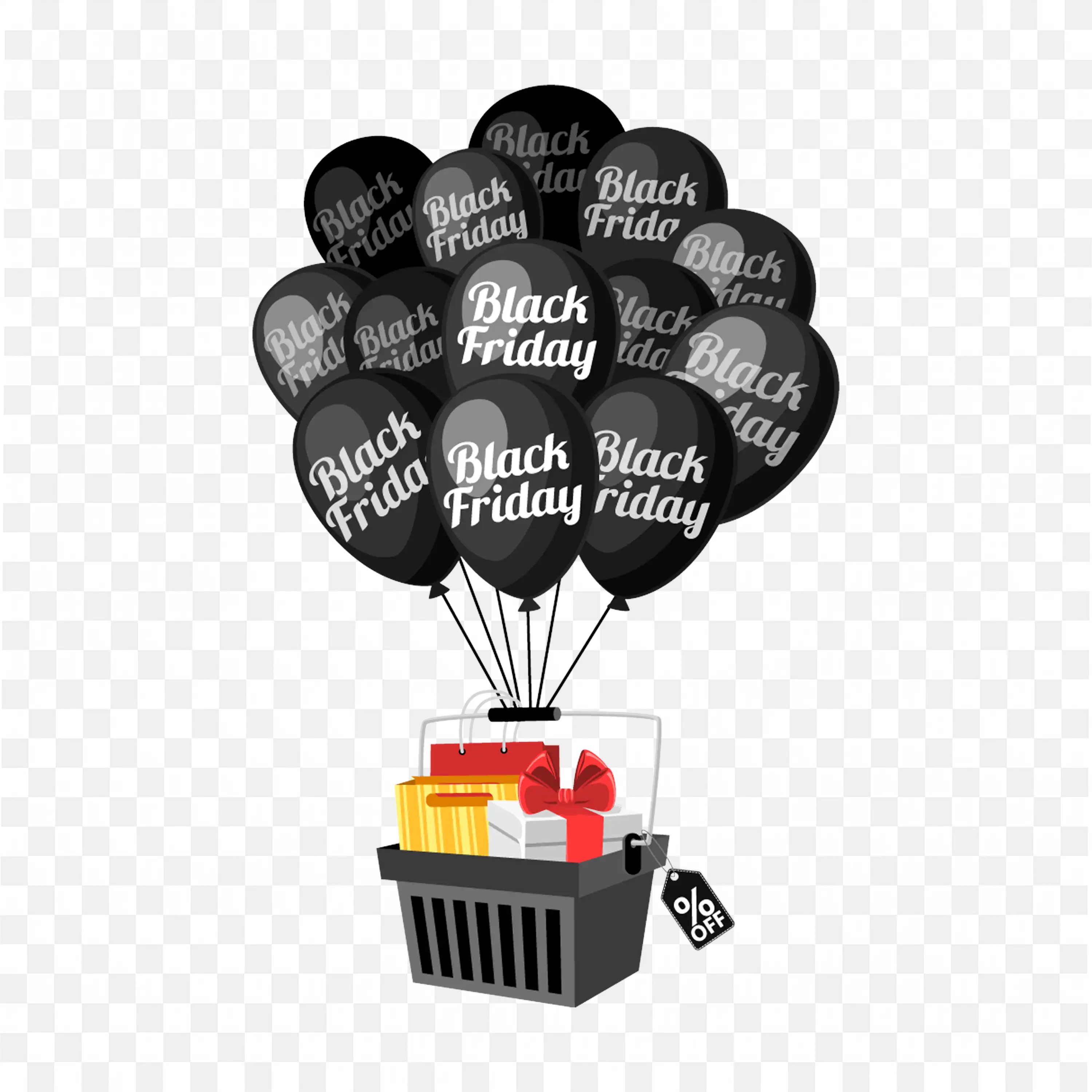 Black Balloon with Black Basket and Gifts with anOffer Tag
