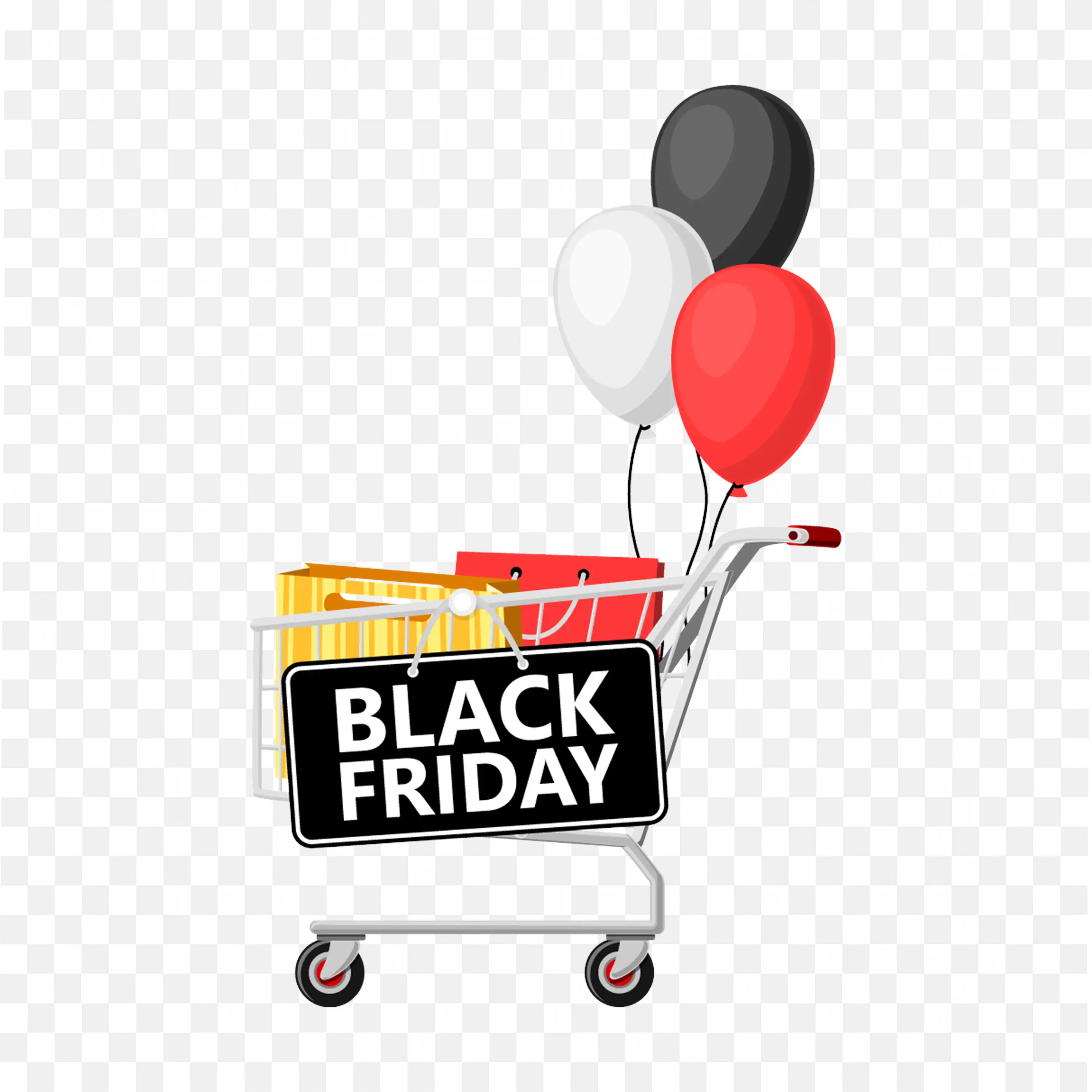 Black Friday Shopping Cart with Balloons and Sale Bag Png